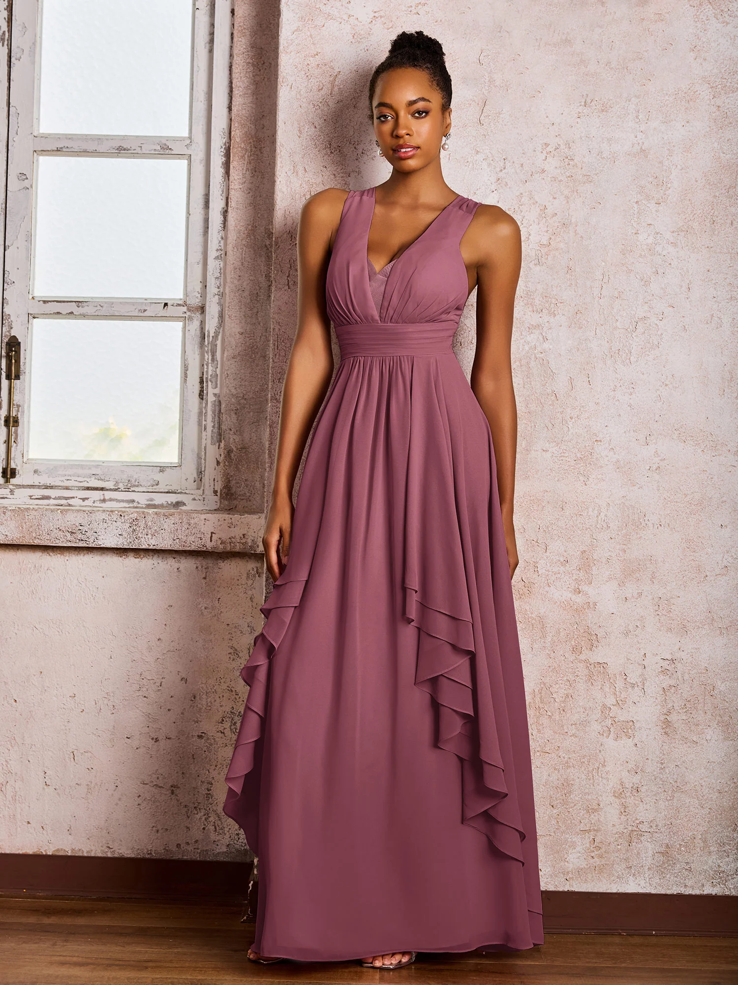 Plunging V-Neck Ruffle Open Back Dresses with Cascade Skirt Mulberry
