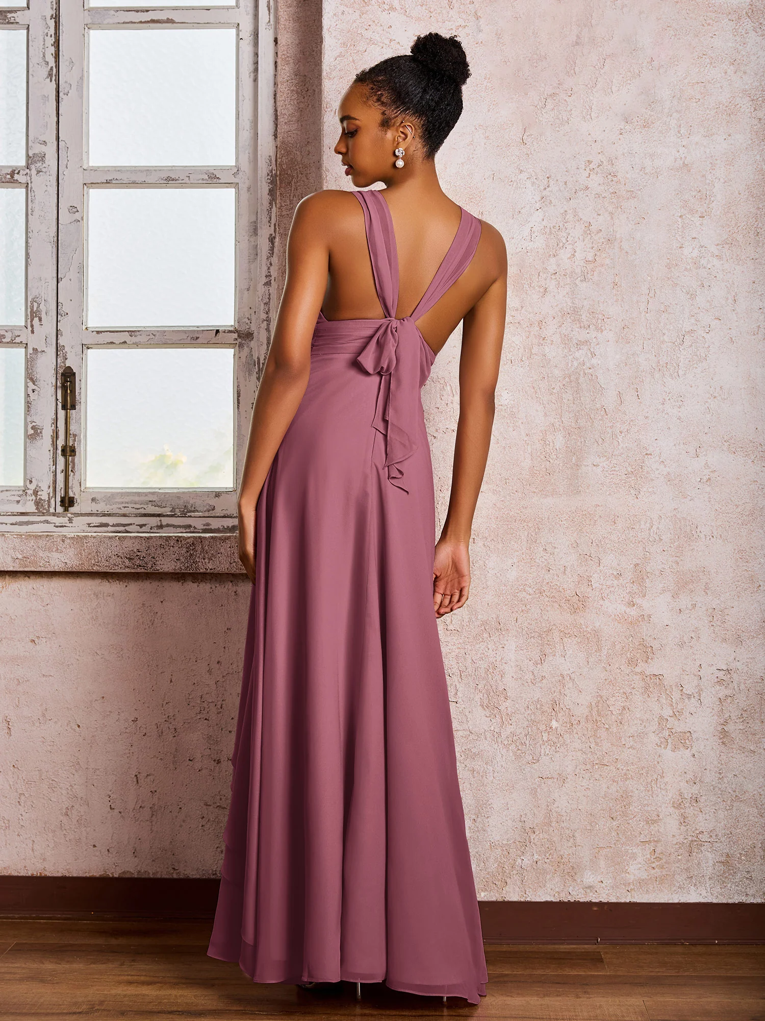 Plunging V-Neck Ruffle Open Back Dresses with Cascade Skirt Mulberry - Image 2