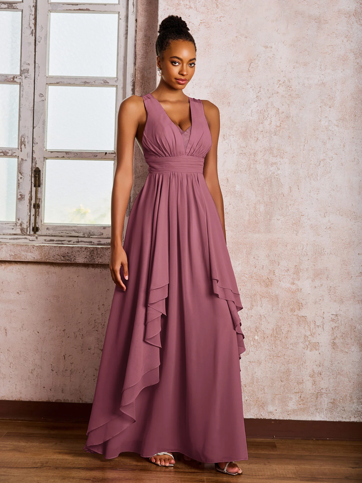 Plunging V-Neck Ruffle Open Back Dresses with Cascade Skirt Mulberry - Image 3