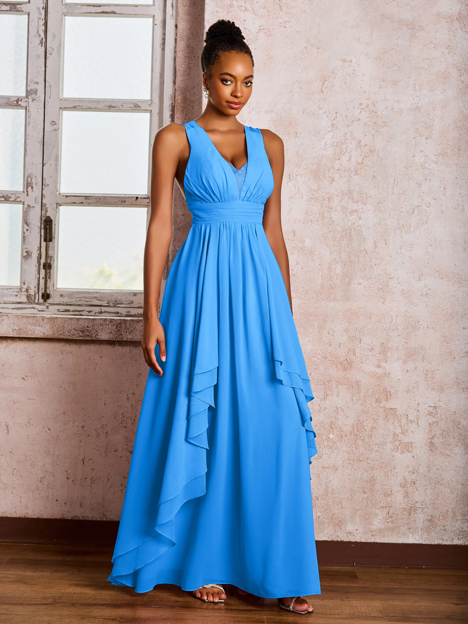 Plunging V-Neck Ruffle Open Back Dresses with Cascade Skirt Ocean Blue - Image 3