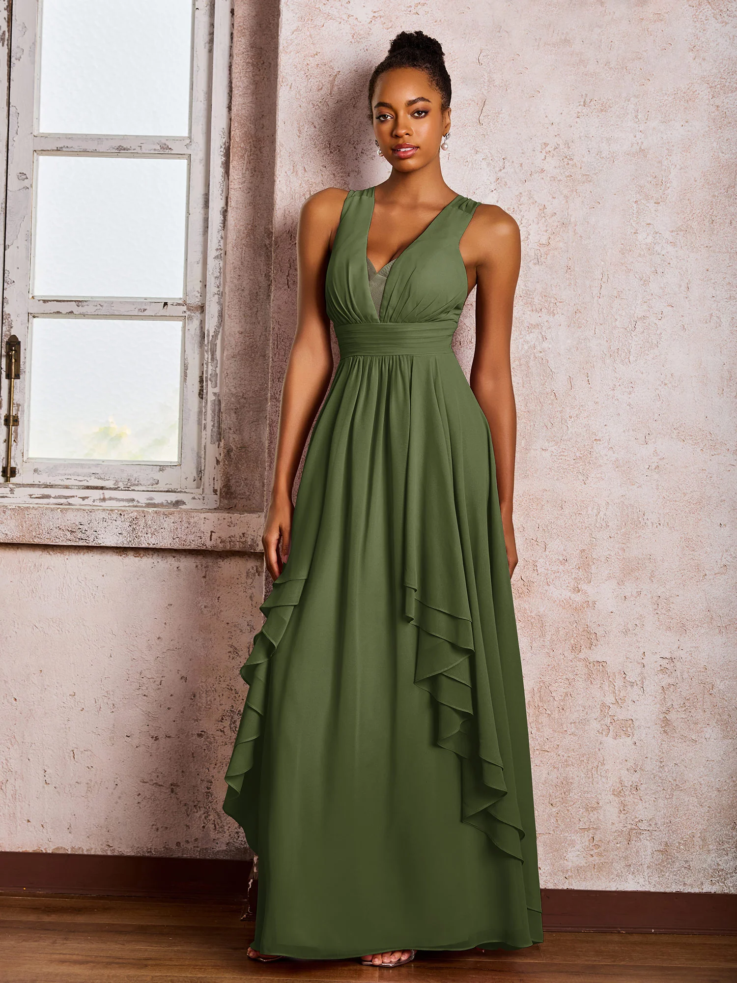 Plunging V-Neck Ruffle Open Back Dresses with Cascade Skirt Olive Green