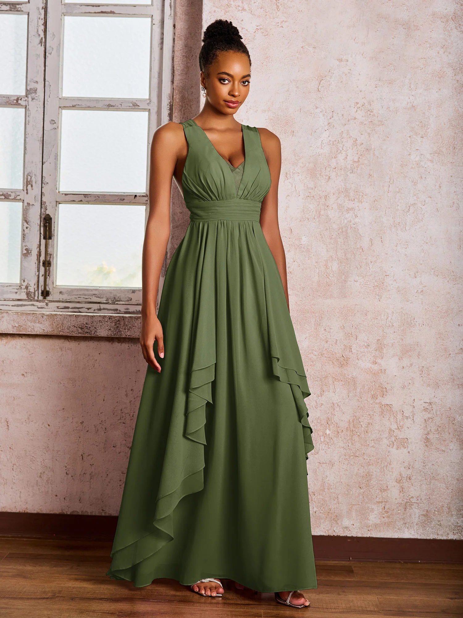 Plunging V-Neck Ruffle Open Back Dresses with Cascade Skirt Olive Green - Image 3