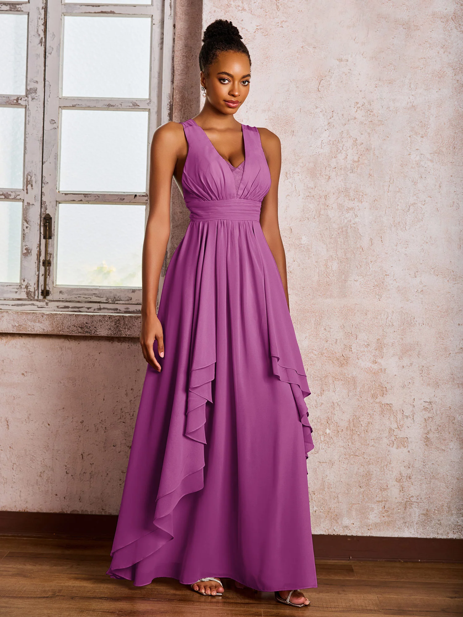 Plunging V-Neck Ruffle Open Back Dresses with Cascade Skirt Orchid - Image 3