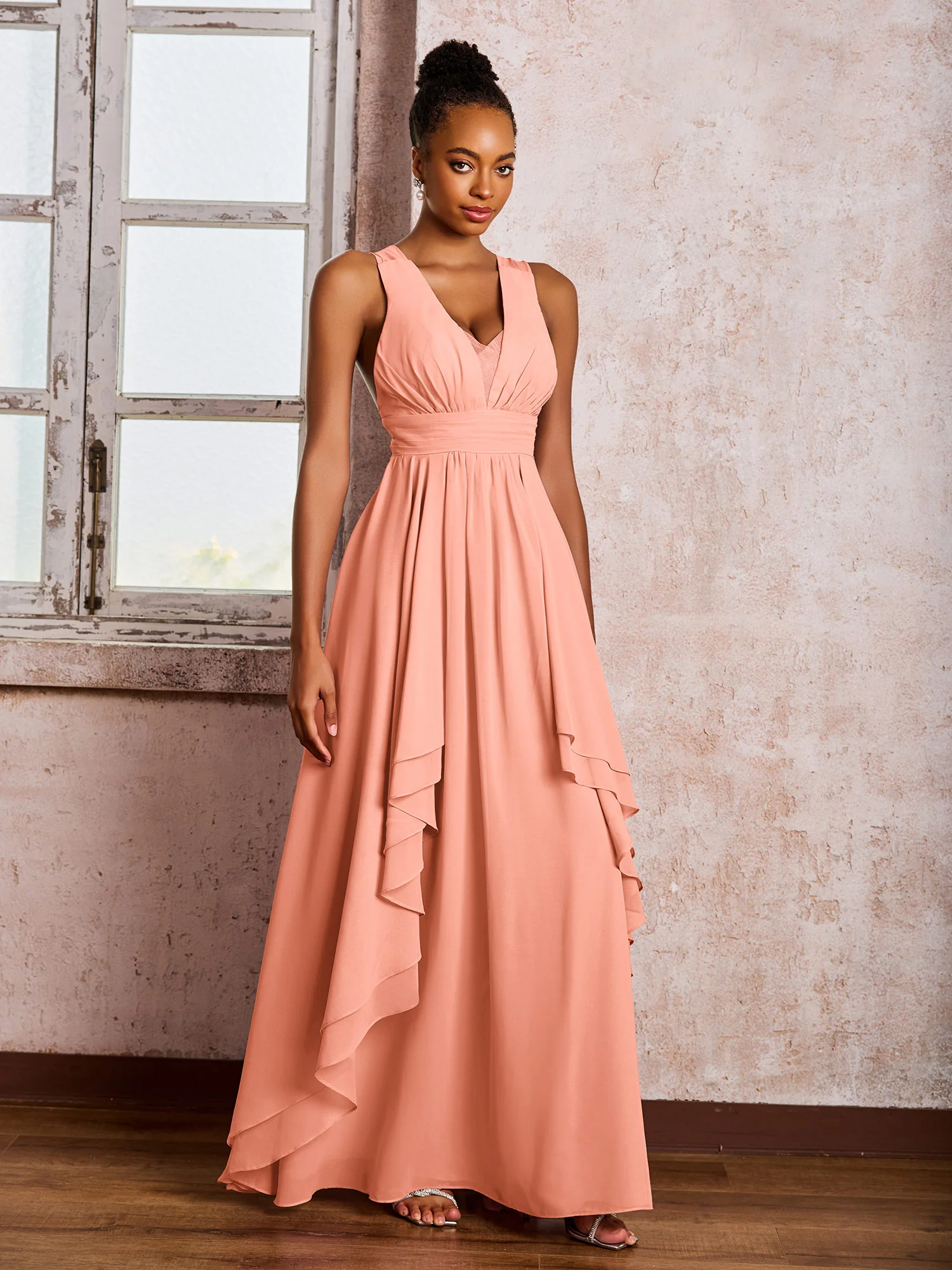 Plunging V-Neck Ruffle Open Back Dresses with Cascade Skirt Papaya - Image 3