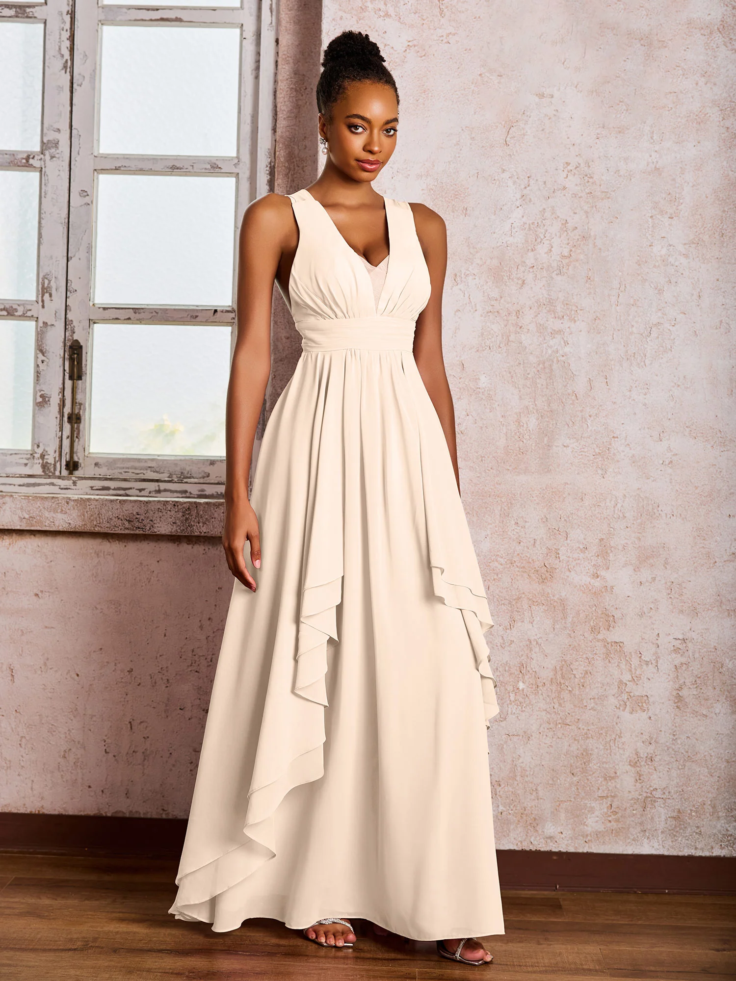 Plunging V-Neck Ruffle Open Back Dresses with Cascade Skirt Peach - Image 3