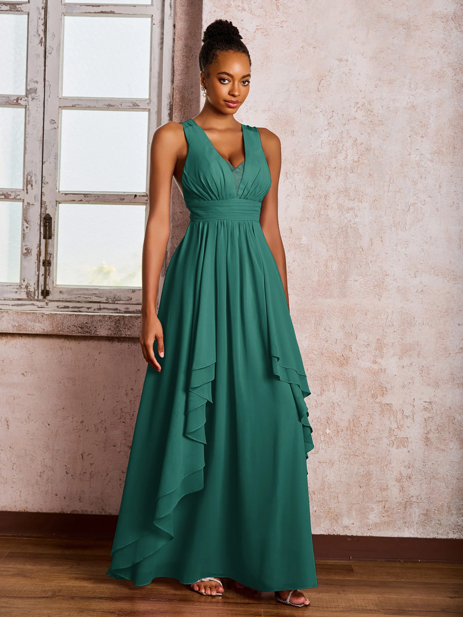Plunging V-Neck Ruffle Open Back Dresses with Cascade Skirt Peacock - Image 3