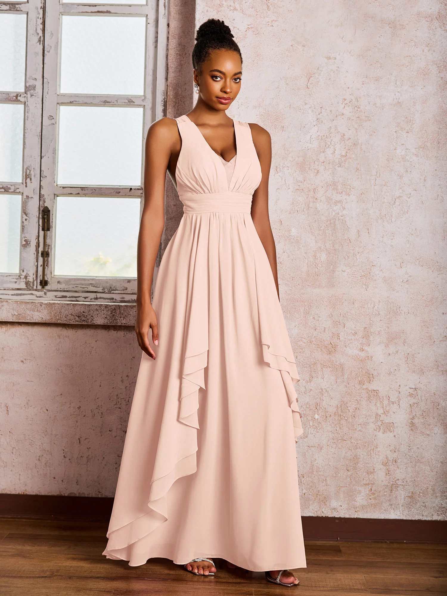 Plunging V-Neck Ruffle Open Back Dresses with Cascade Skirt Pearl Pink - Image 3