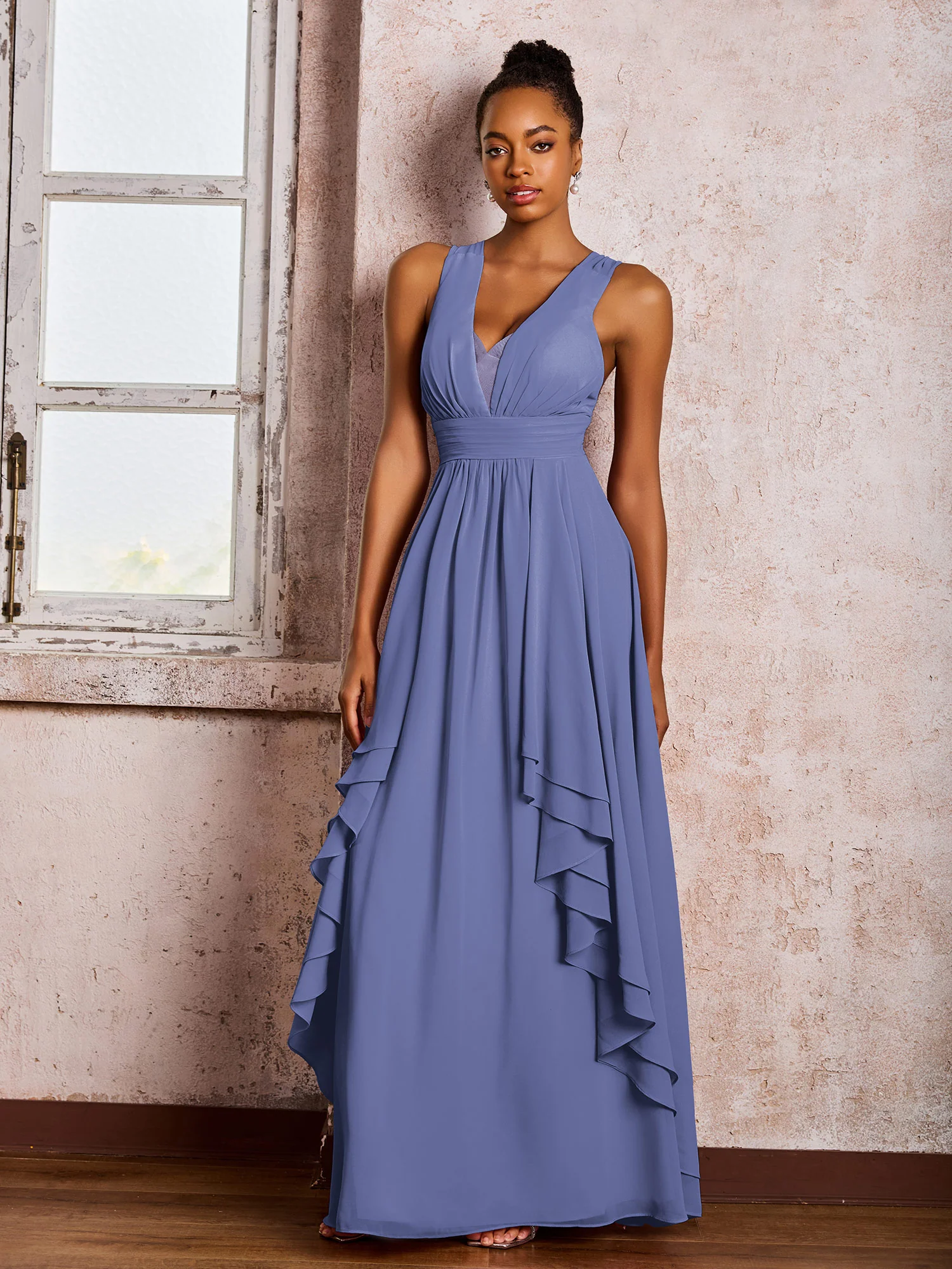 Plunging V-Neck Ruffle Open Back Dresses with Cascade Skirt Periwinkle