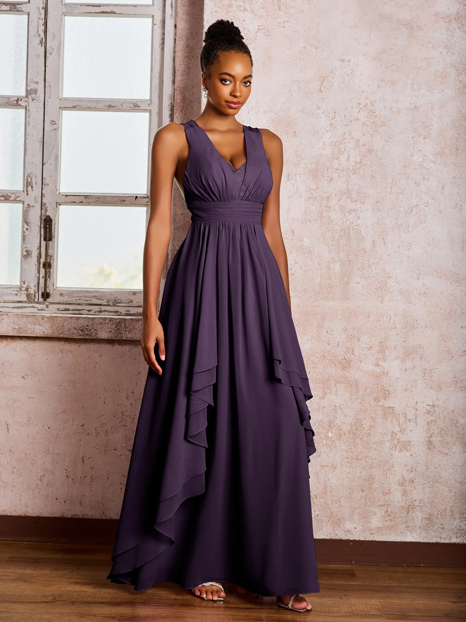 Plunging V-Neck Ruffle Open Back Dresses with Cascade Skirt Plum - Image 3