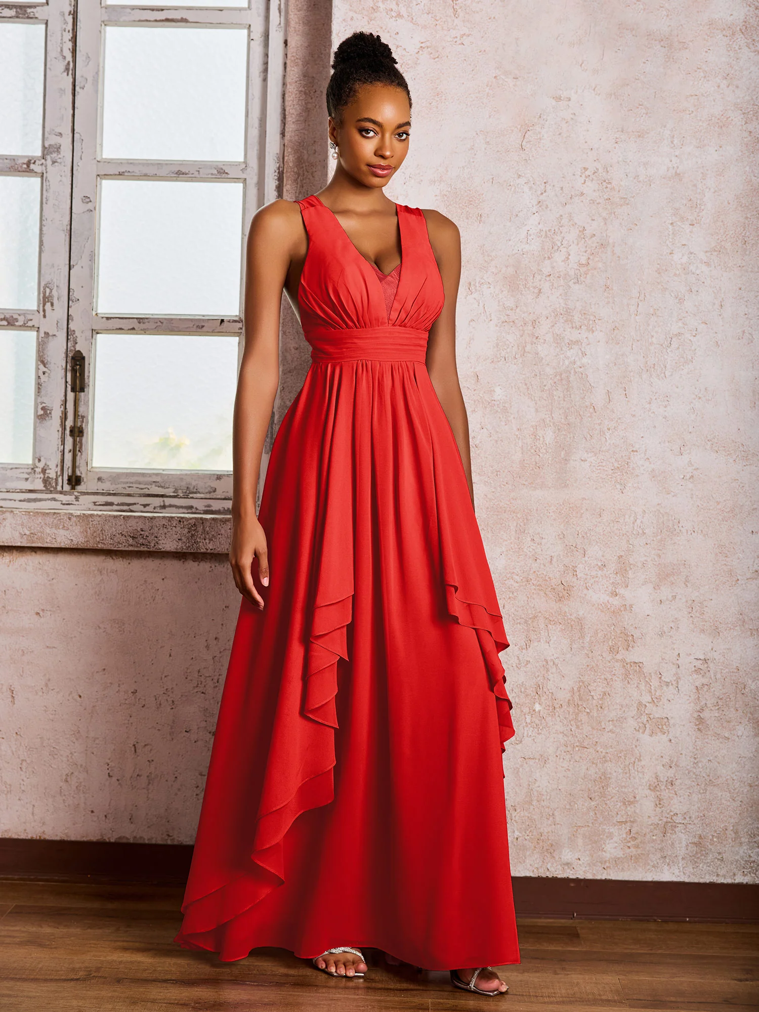 Plunging V-Neck Ruffle Open Back Dresses with Cascade Skirt Red - Image 3