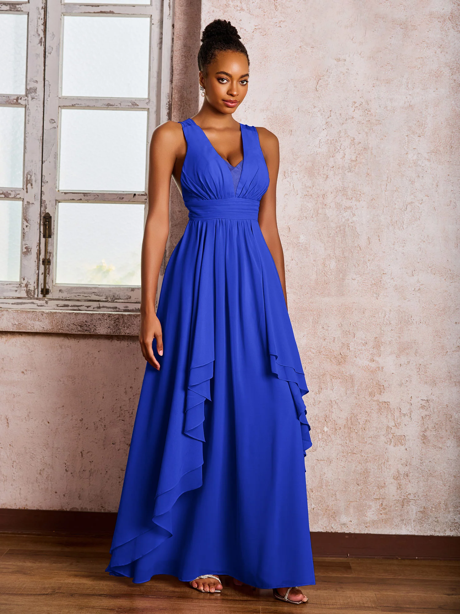 Plunging V-Neck Ruffle Open Back Dresses with Cascade Skirt Royal Blue - Image 3