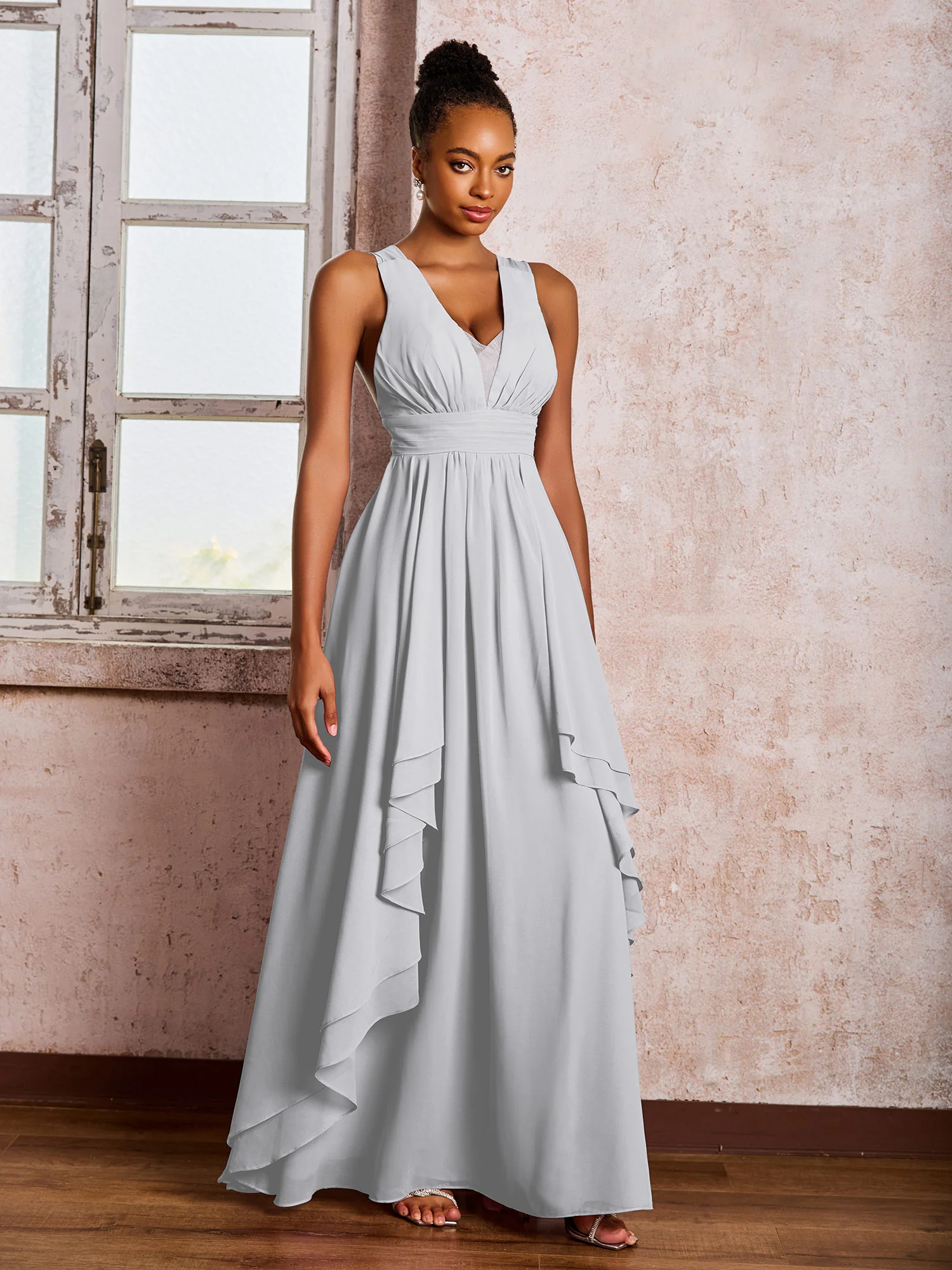 Plunging V-Neck Ruffle Open Back Dresses with Cascade Skirt Silver - Image 3