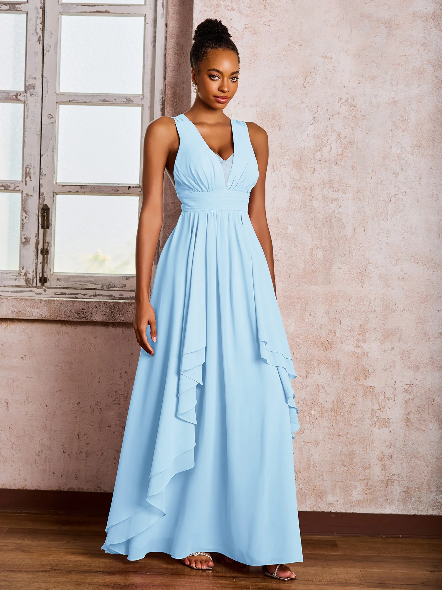 Plunging V-Neck Ruffle Open Back Dresses with Cascade Skirt Sky Blue - Image 3