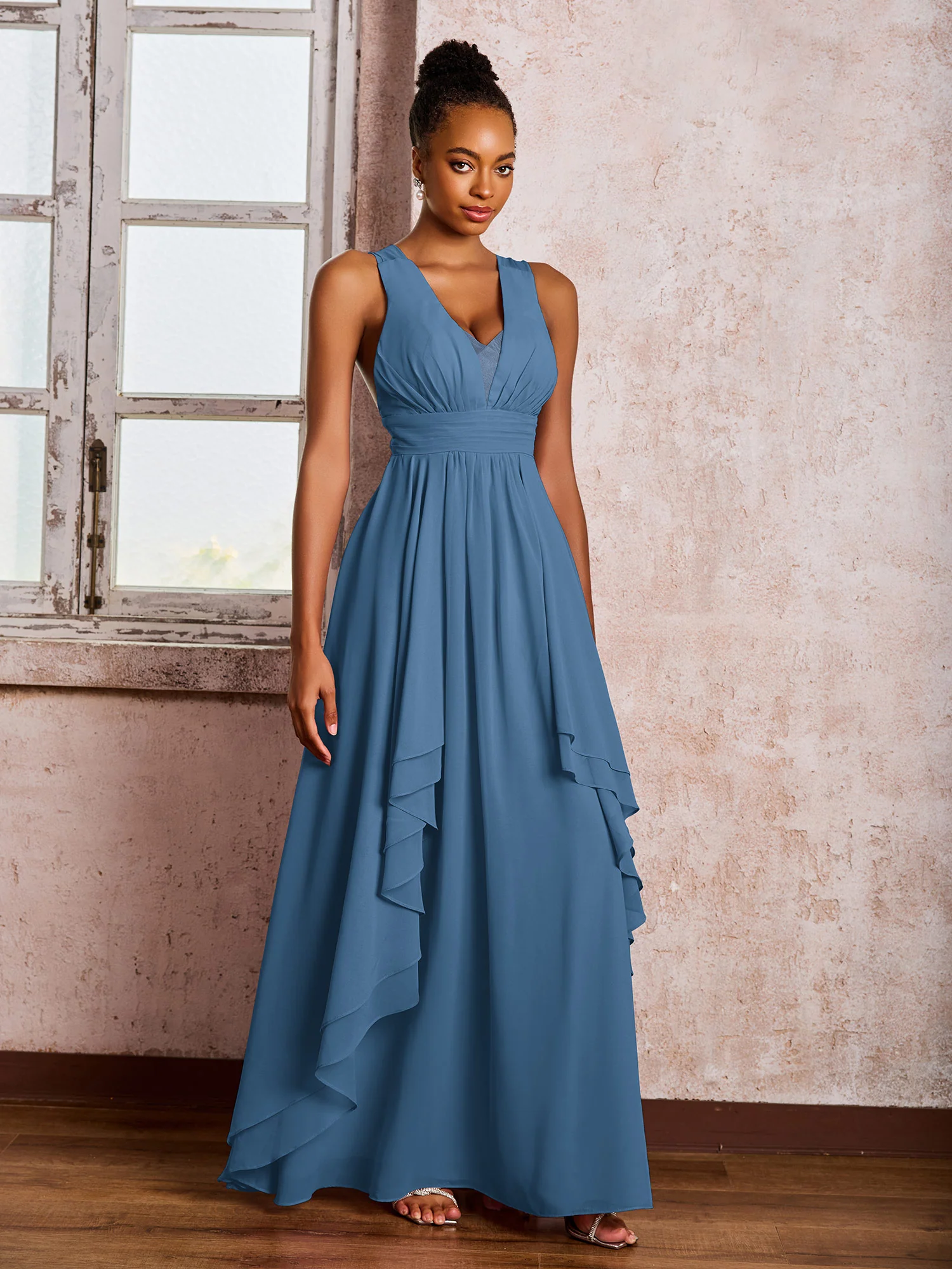 Plunging V-Neck Ruffle Open Back Dresses with Cascade Skirt Slate Blue - Image 3