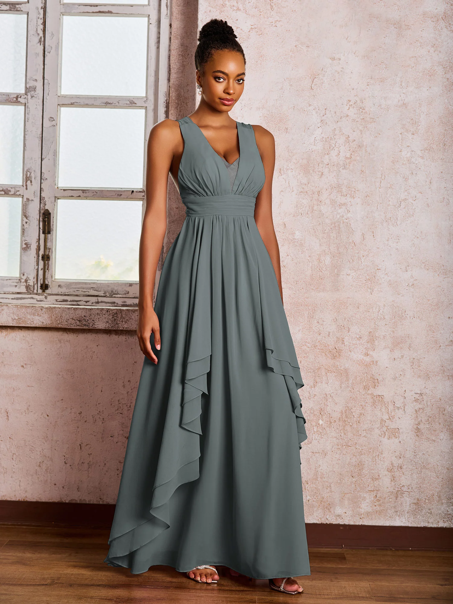 Plunging V-Neck Ruffle Open Back Dresses with Cascade Skirt Steel Grey - Image 3