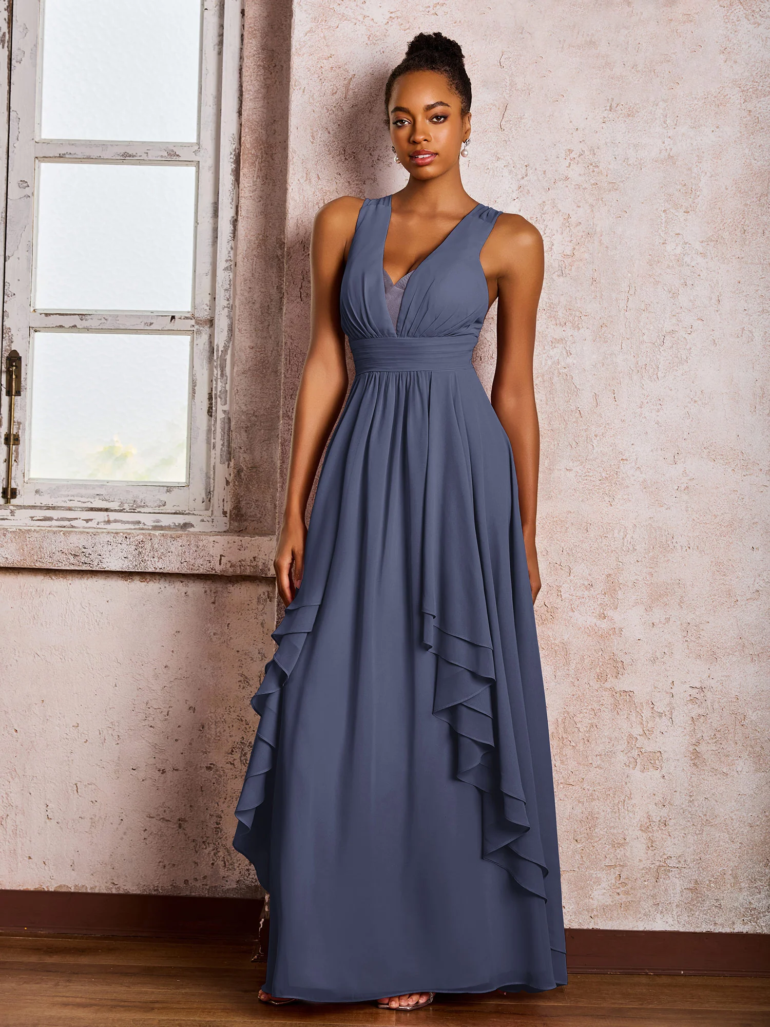 Plunging V-Neck Ruffle Open Back Dresses with Cascade Skirt Stormy