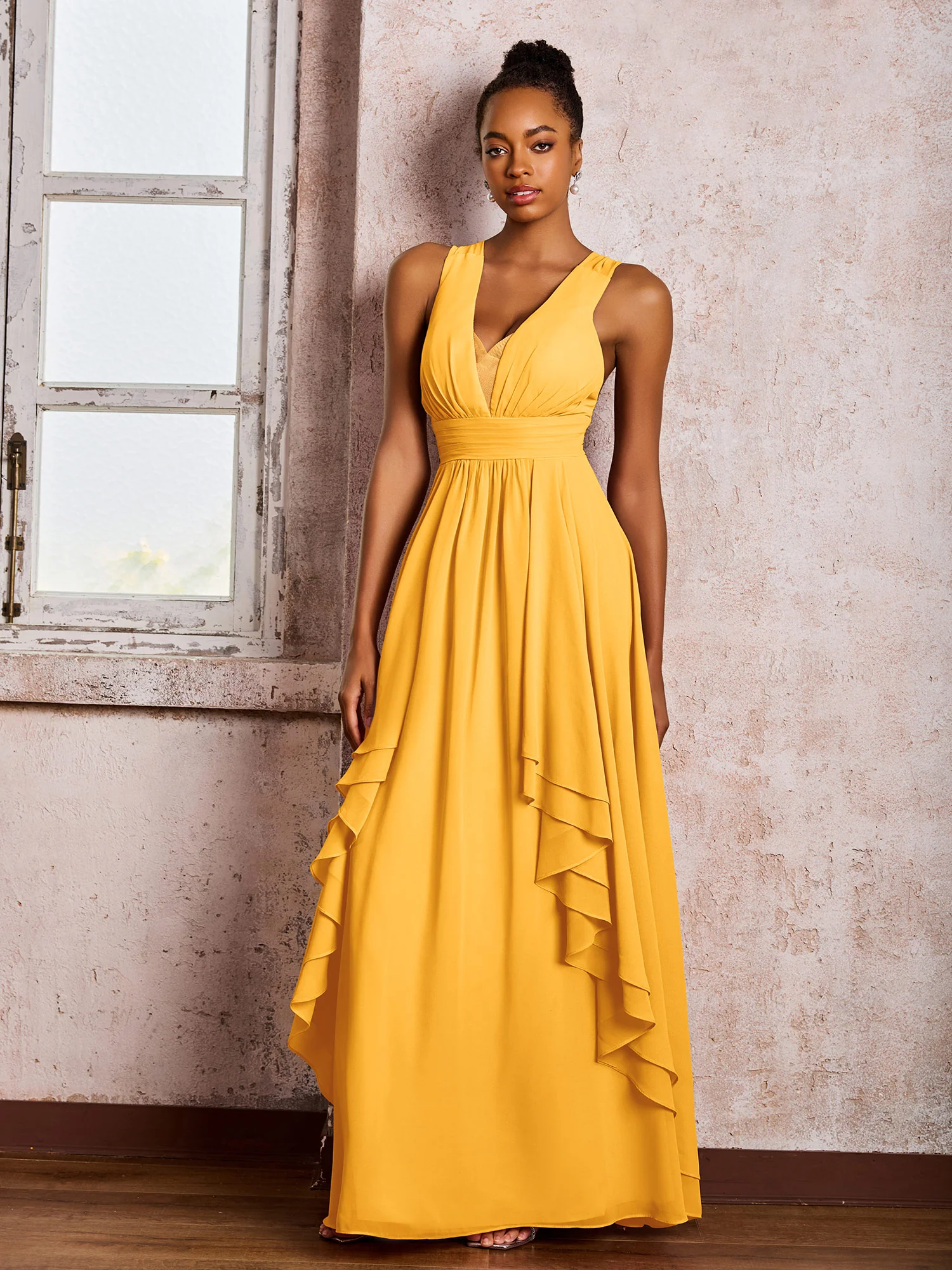 Plunging V-Neck Ruffle Open Back Dresses with Cascade Skirt Tangerine