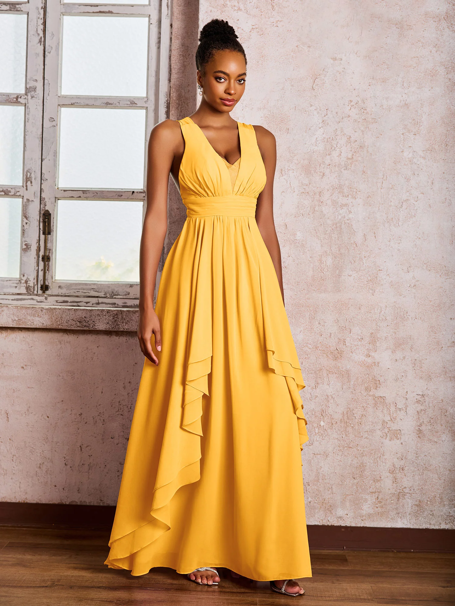 Plunging V-Neck Ruffle Open Back Dresses with Cascade Skirt Tangerine - Image 3
