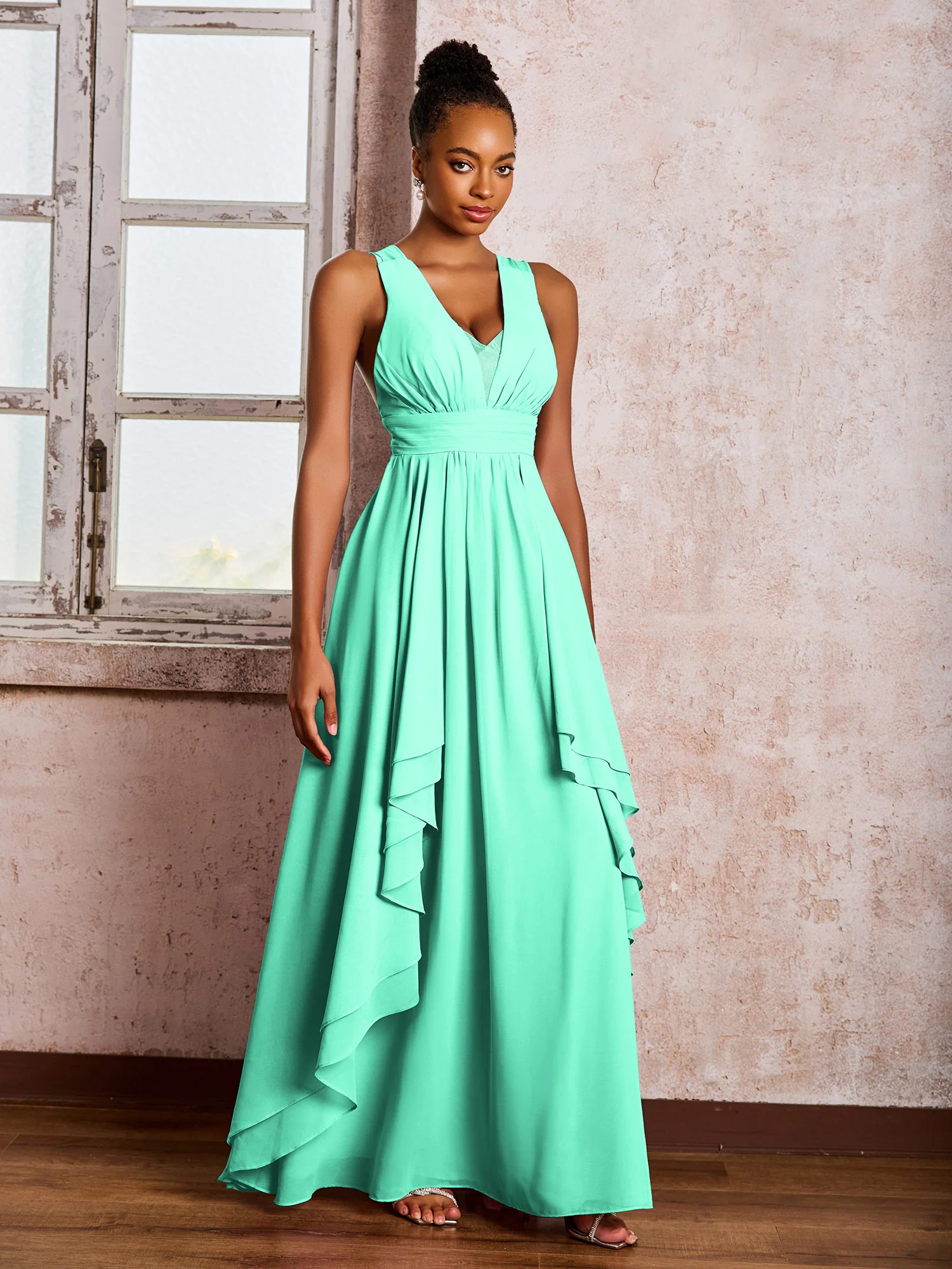 Plunging V-Neck Ruffle Open Back Dresses with Cascade Skirt Turquoise - Image 3