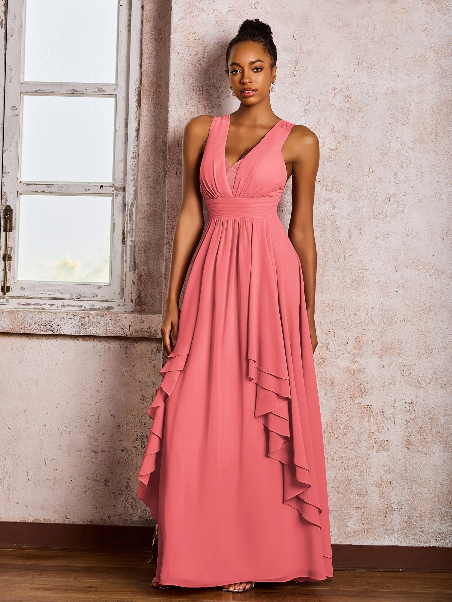 Plunging V-Neck Ruffle Open Back Dresses with Cascade Skirt Watermelon