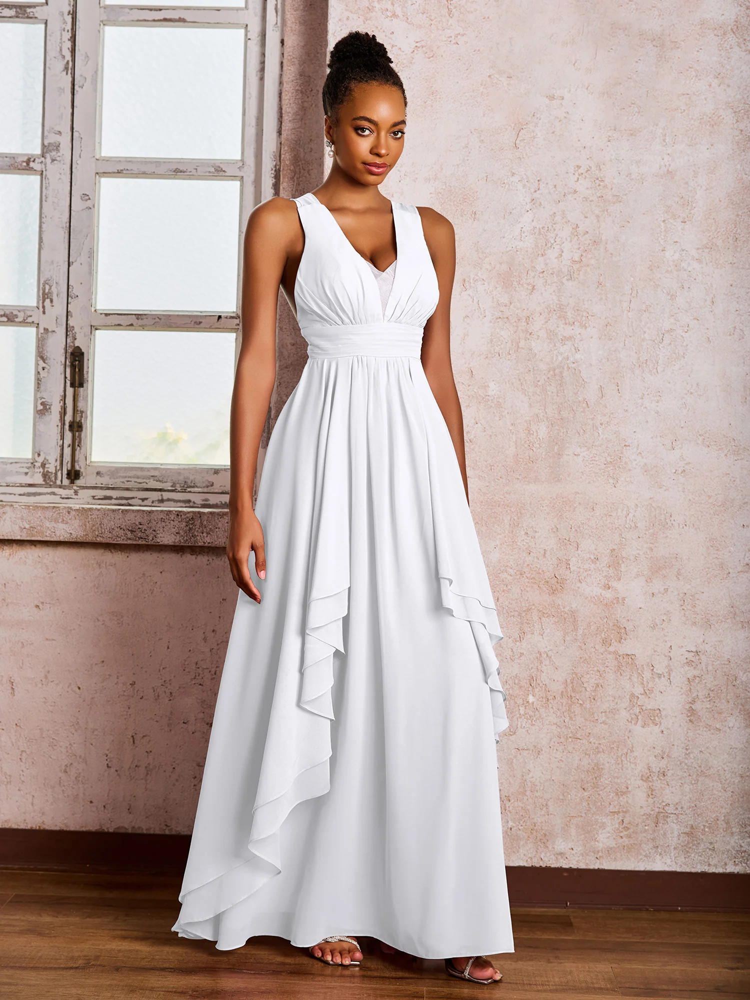 Plunging V-Neck Ruffle Open Back Dresses with Cascade Skirt White - Image 3