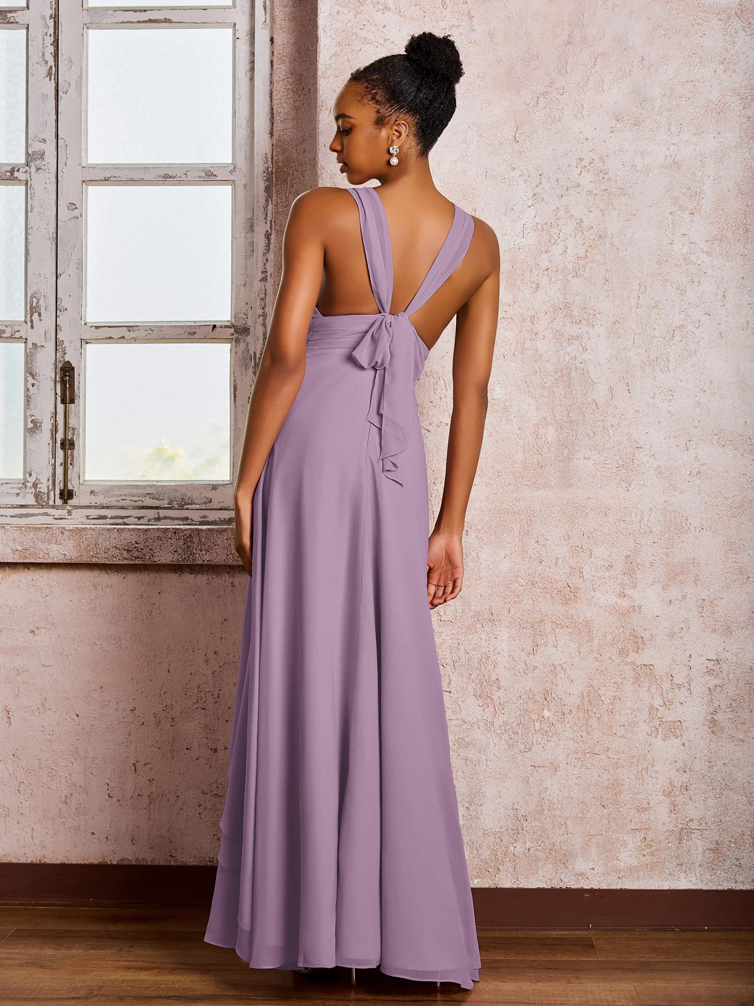 Plunging V-Neck Ruffle Open Back Dresses with Cascade Skirt Wisteria - Image 2