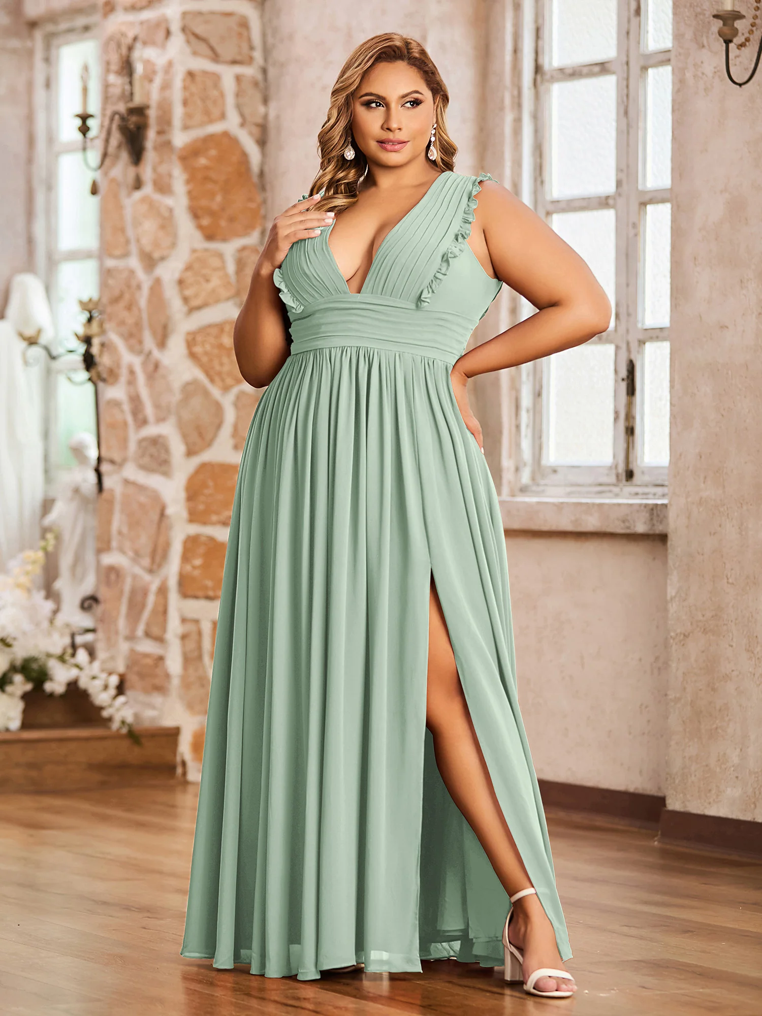 Plunging V-neck Ruffles Pleated Dress With Silt Agave - Image 4