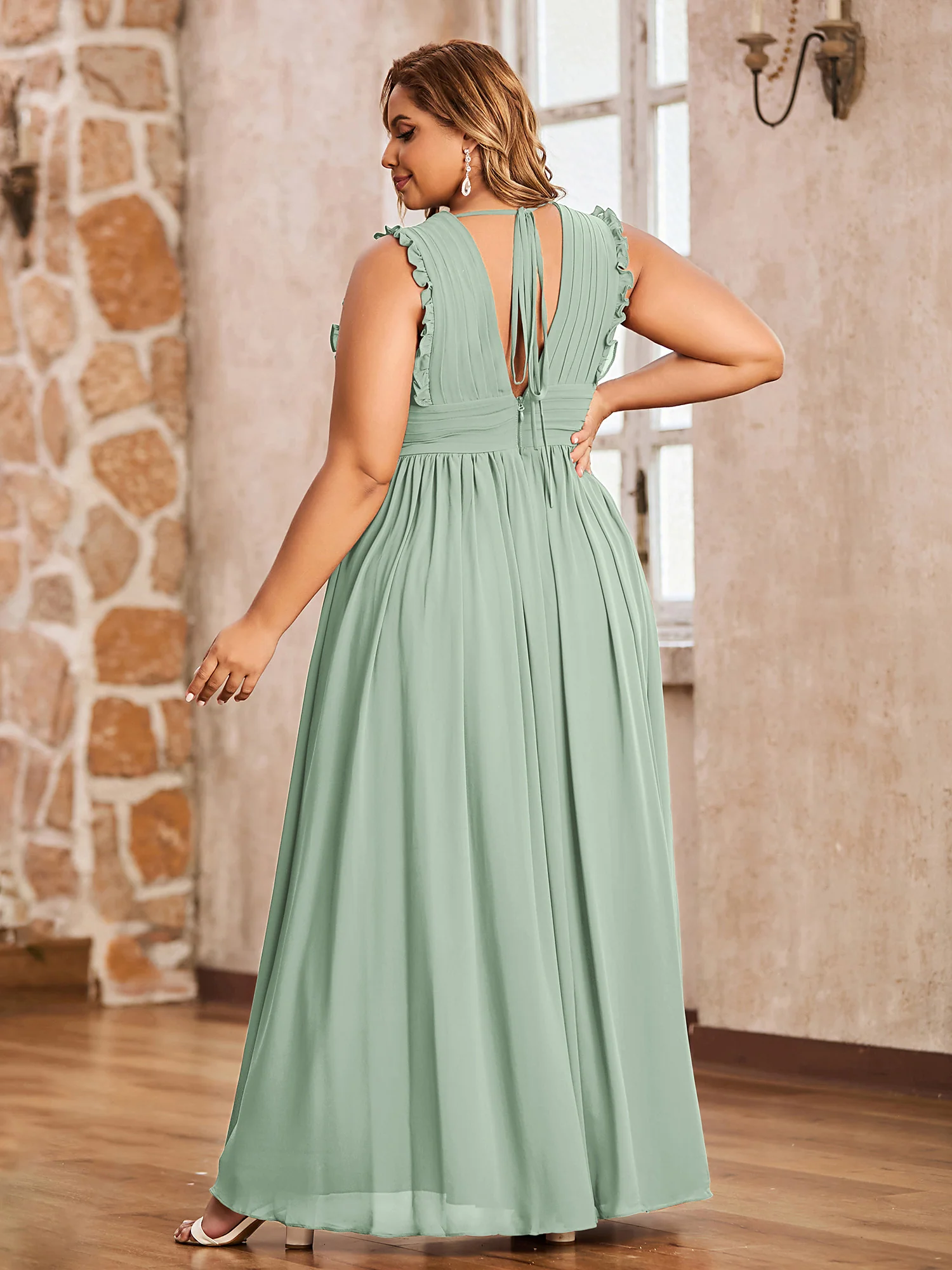 Plunging V-neck Ruffles Pleated Dress With Silt Agave - Image 5