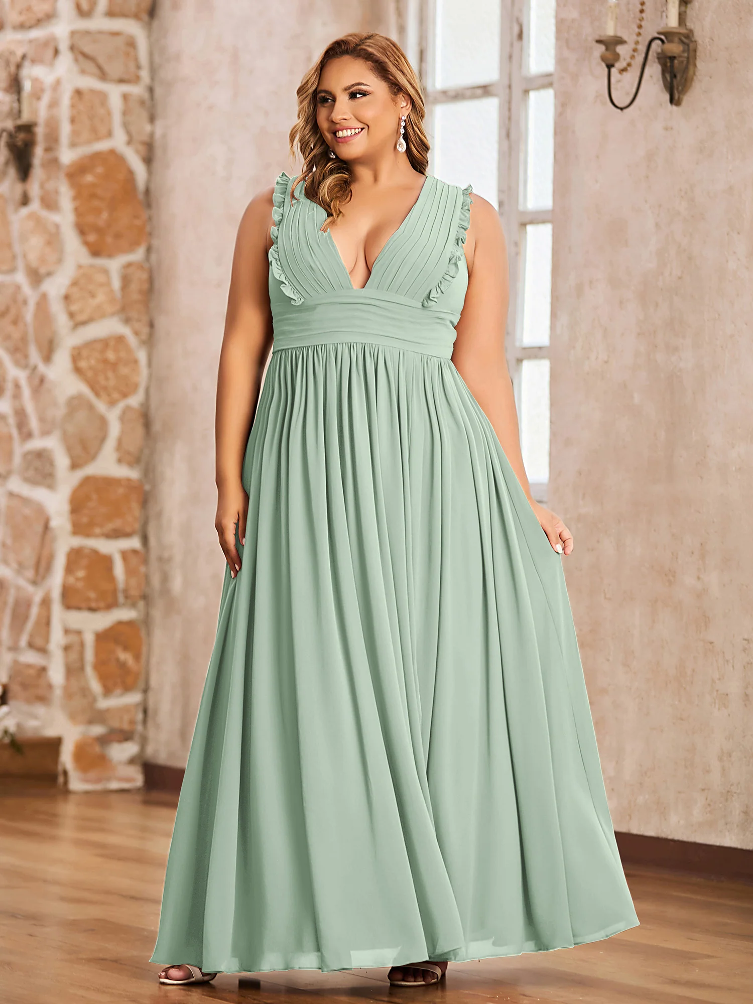 Plunging V-neck Ruffles Pleated Dress With Silt Agave - Image 6
