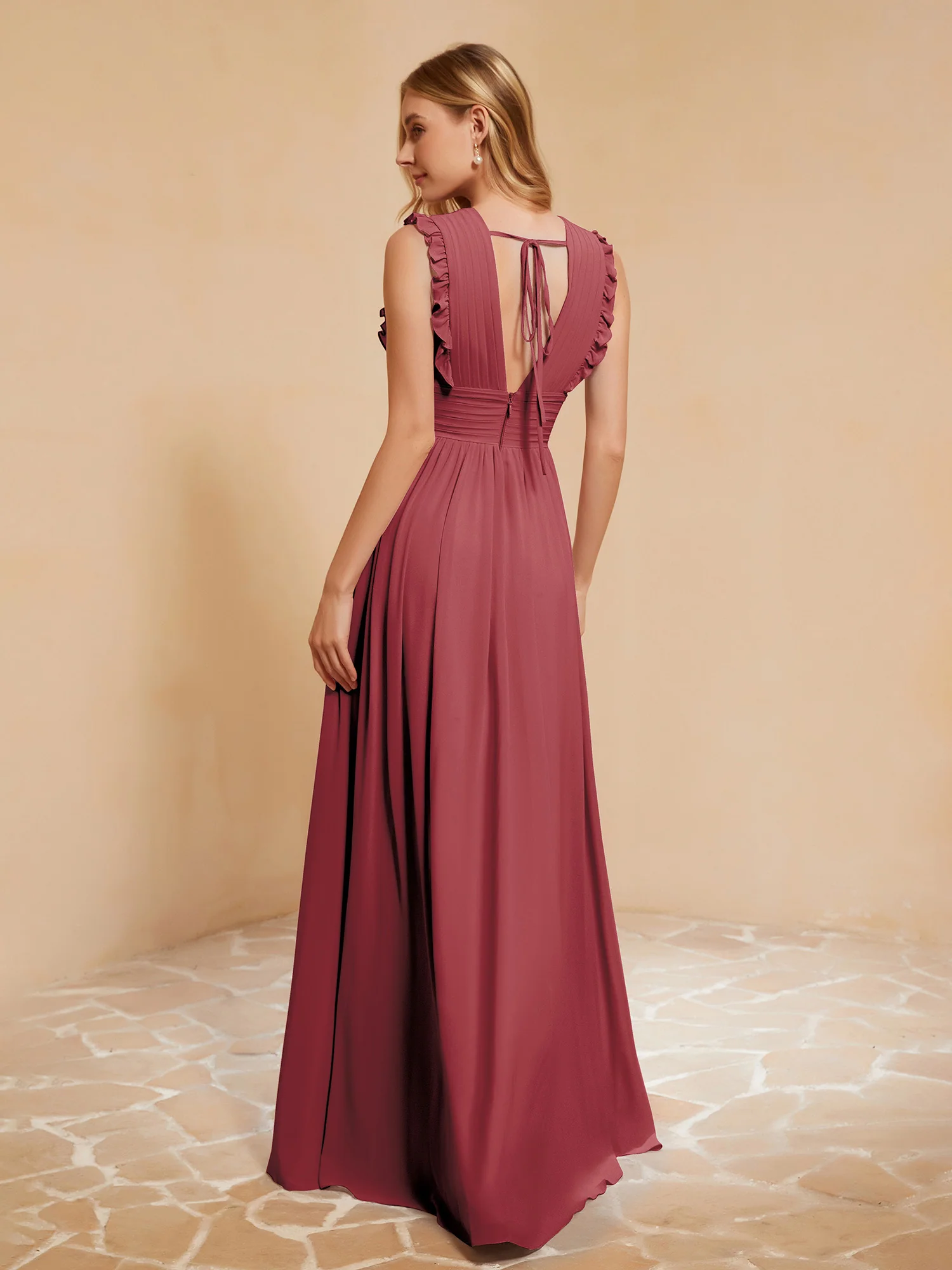 Plunging V-neck Ruffles Pleated Dress With Silt Cinnamon Rose - Image 2