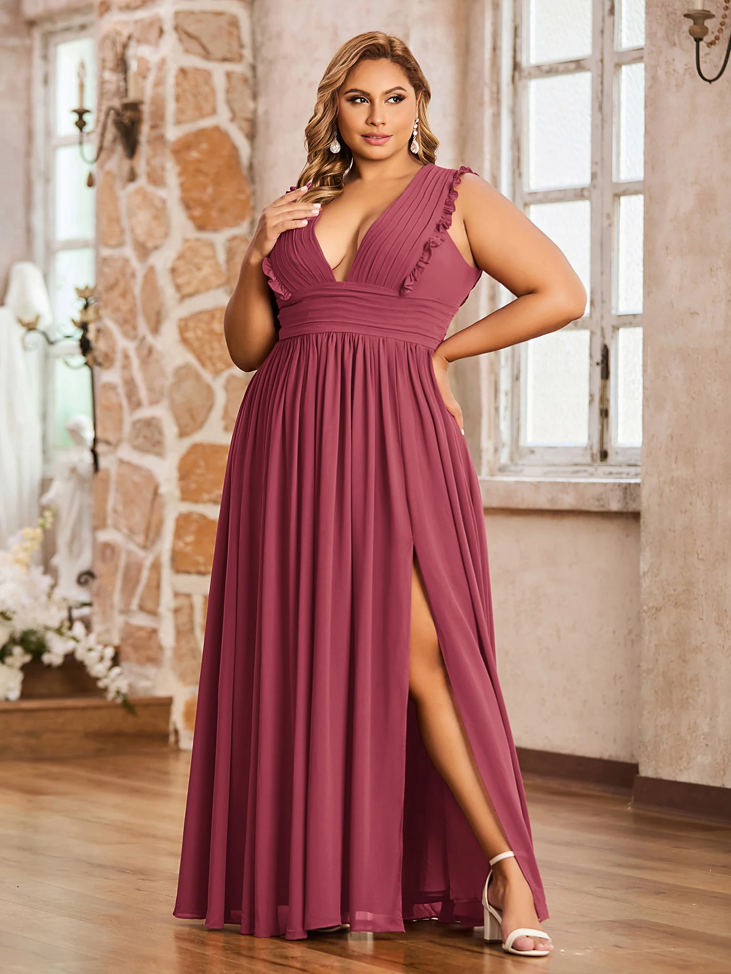 Plunging V-neck Ruffles Pleated Dress With Silt Cinnamon Rose Plus Size