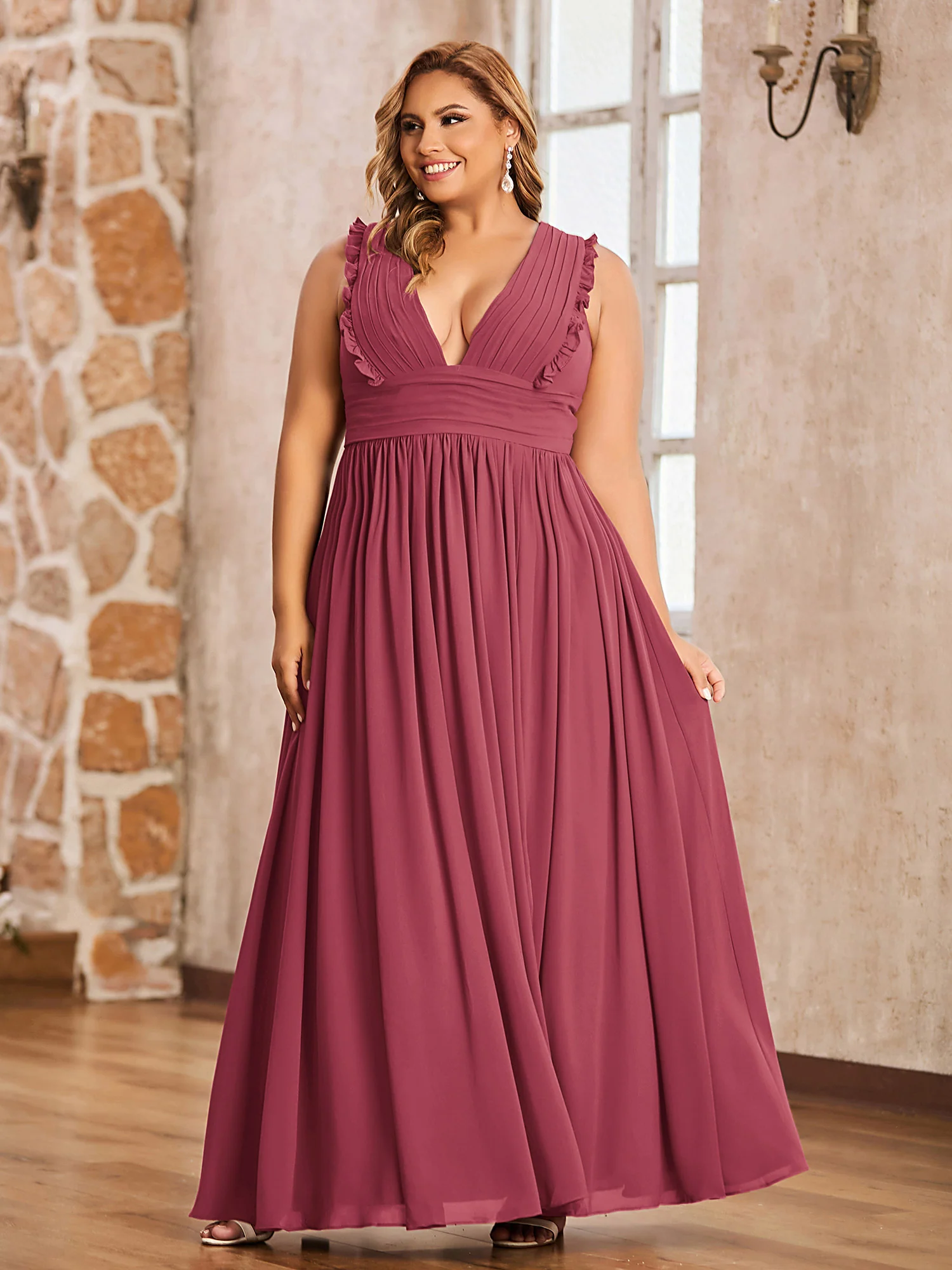 Plunging V-neck Ruffles Pleated Dress With Silt Cinnamon Rose Plus Size - Image 3