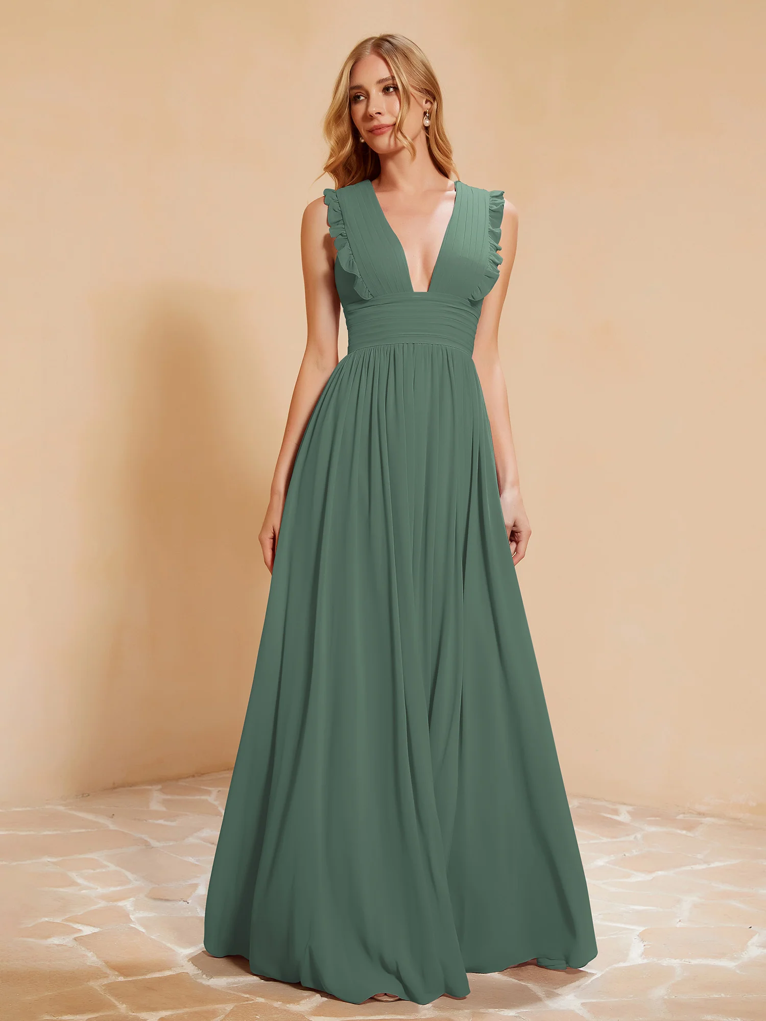 Plunging V-neck Ruffles Pleated Dress With Silt Eucalyptus