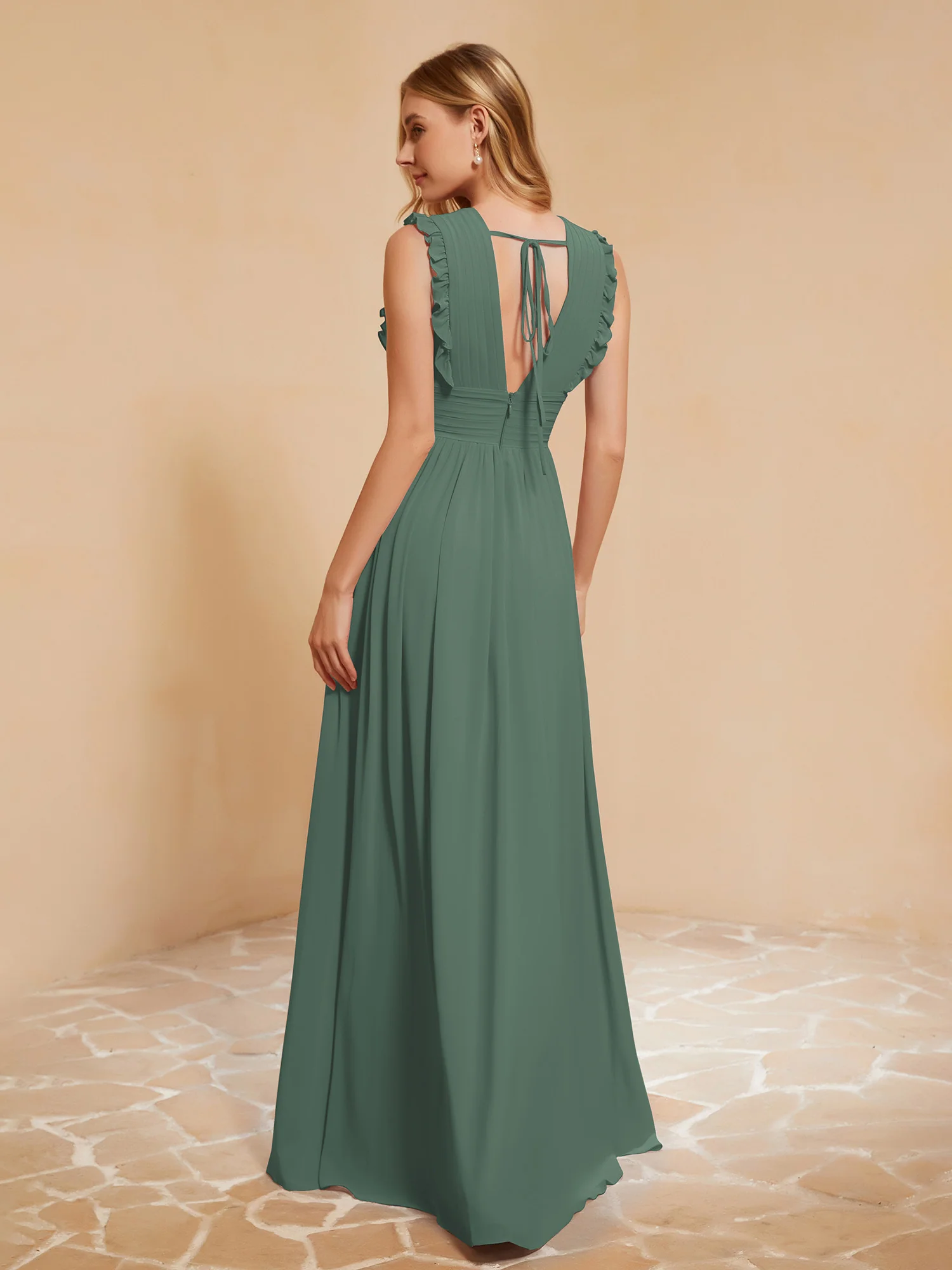 Plunging V-neck Ruffles Pleated Dress With Silt Eucalyptus - Image 2