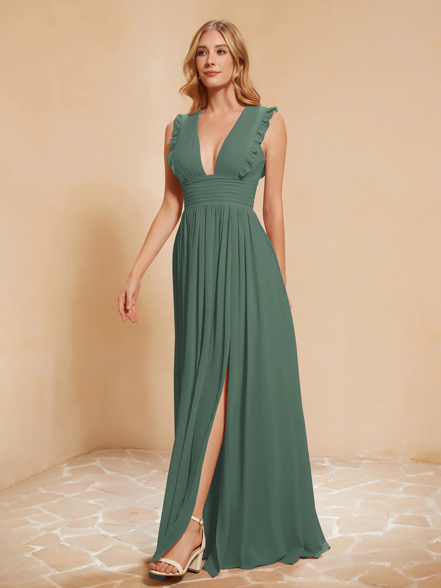 Plunging V-neck Ruffles Pleated Dress With Silt Eucalyptus - Image 3