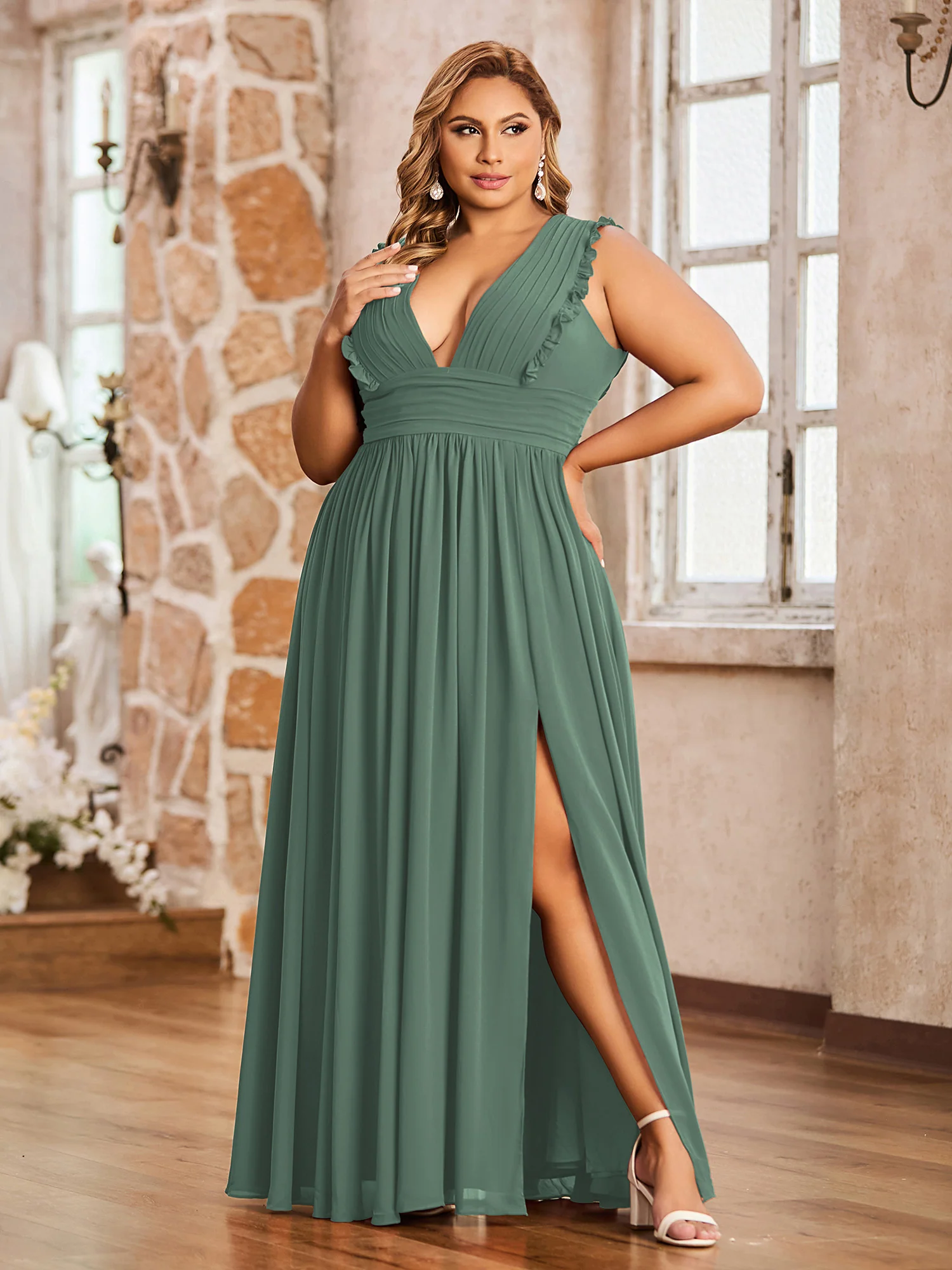 Plunging V-neck Ruffles Pleated Dress With Silt Eucalyptus - Image 4