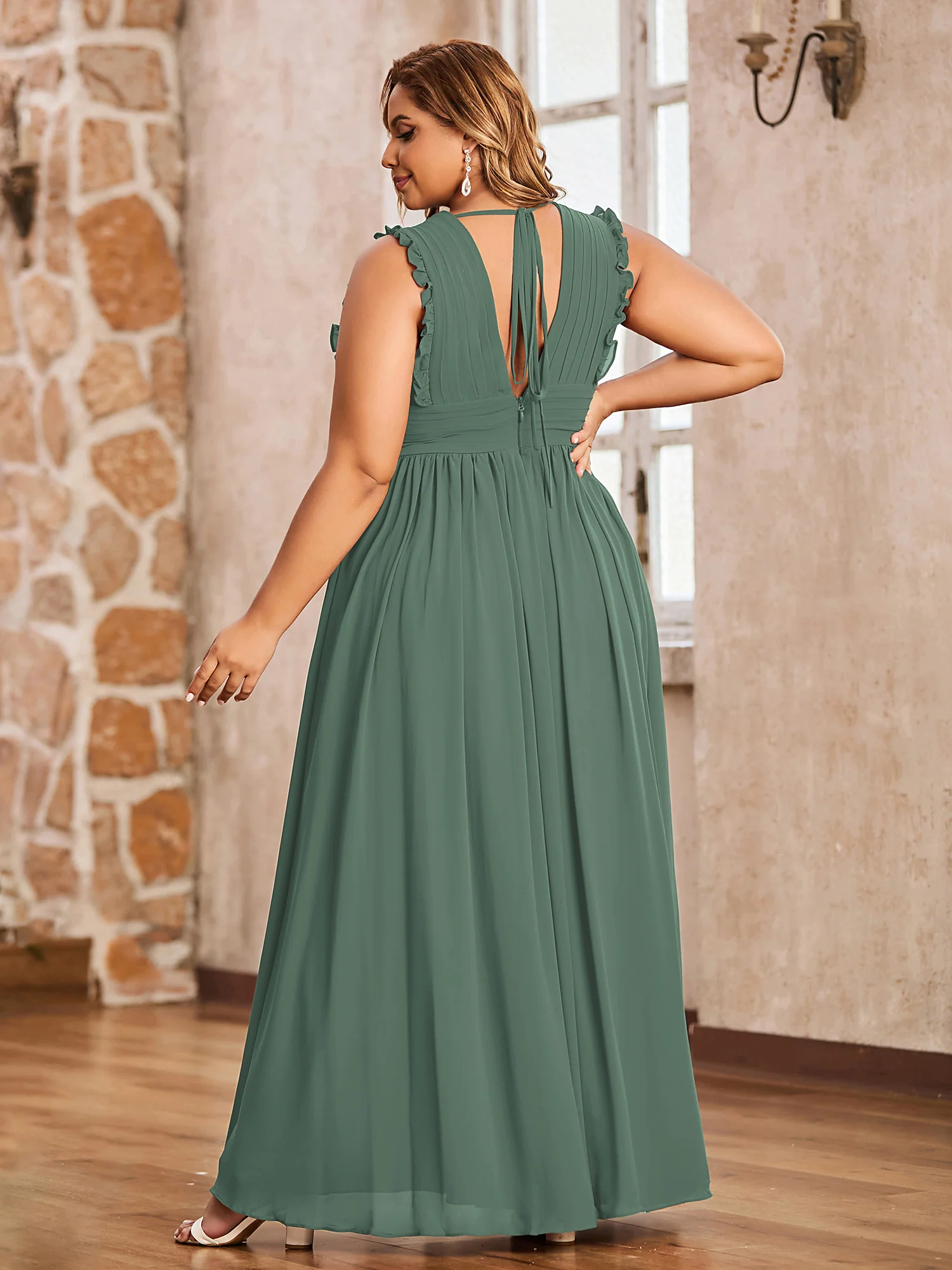 Plunging V-neck Ruffles Pleated Dress With Silt Eucalyptus - Image 5