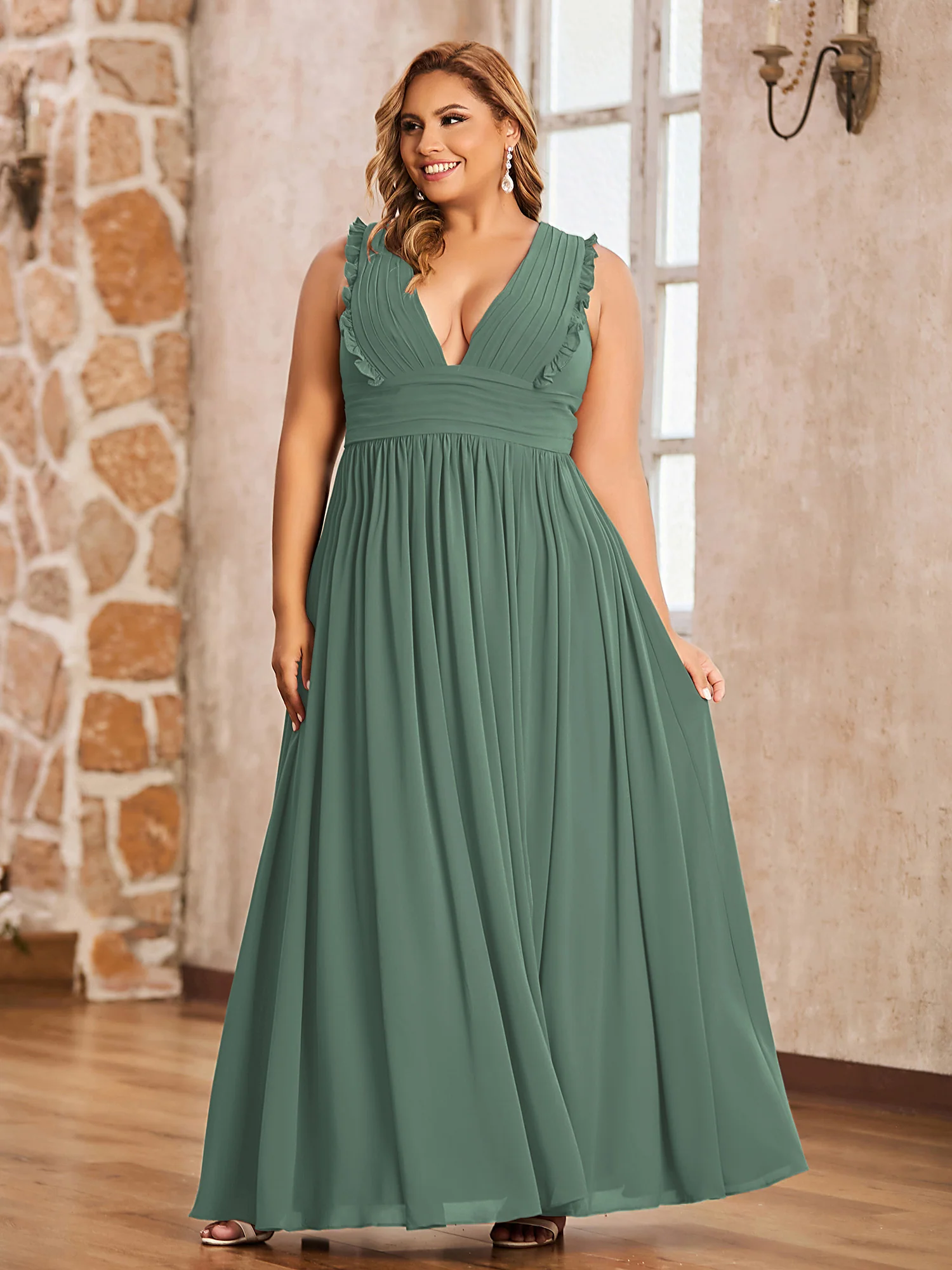 Plunging V-neck Ruffles Pleated Dress With Silt Eucalyptus - Image 6