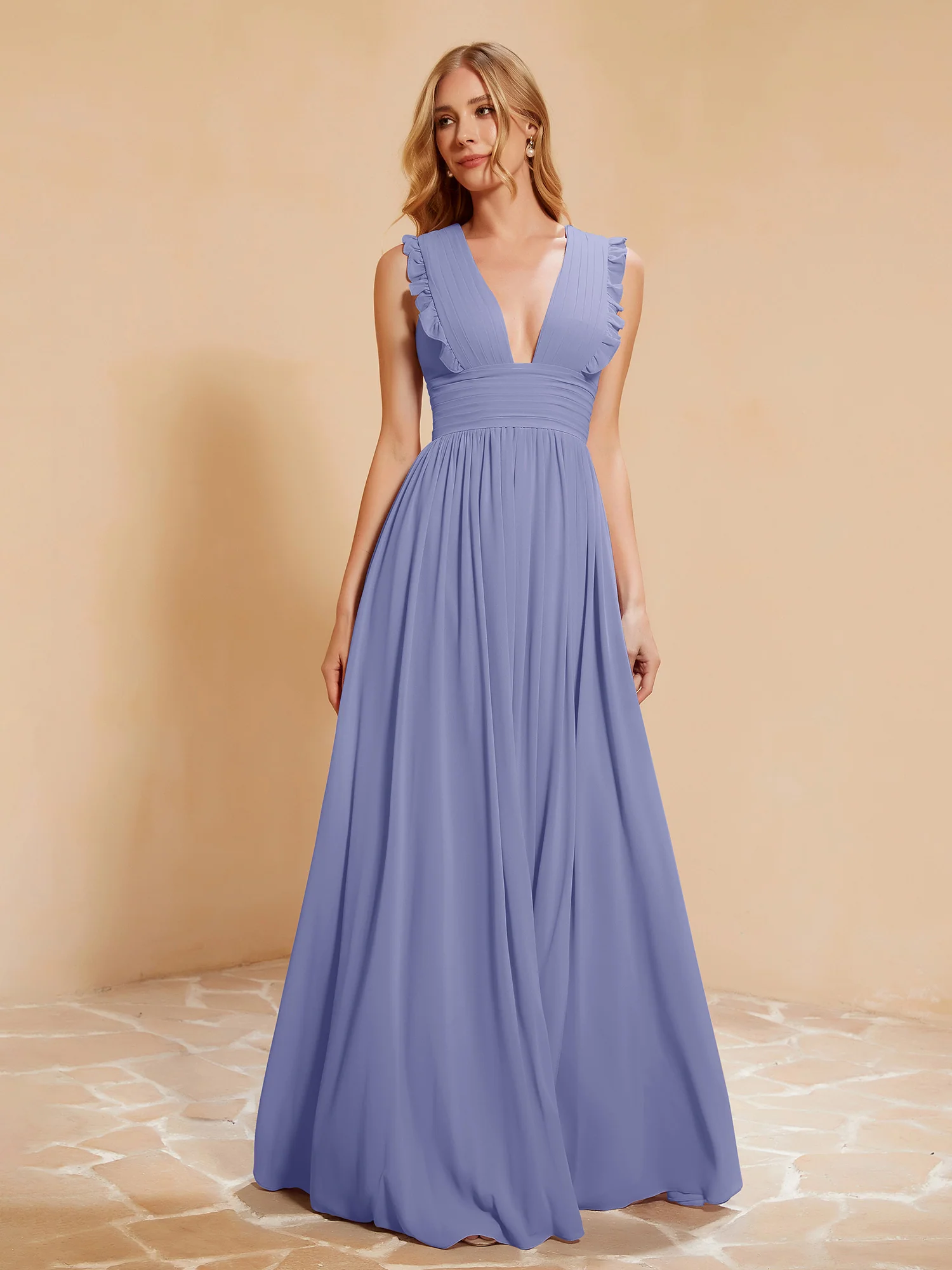 Plunging V-neck Ruffles Pleated Dress With Silt Periwinkle