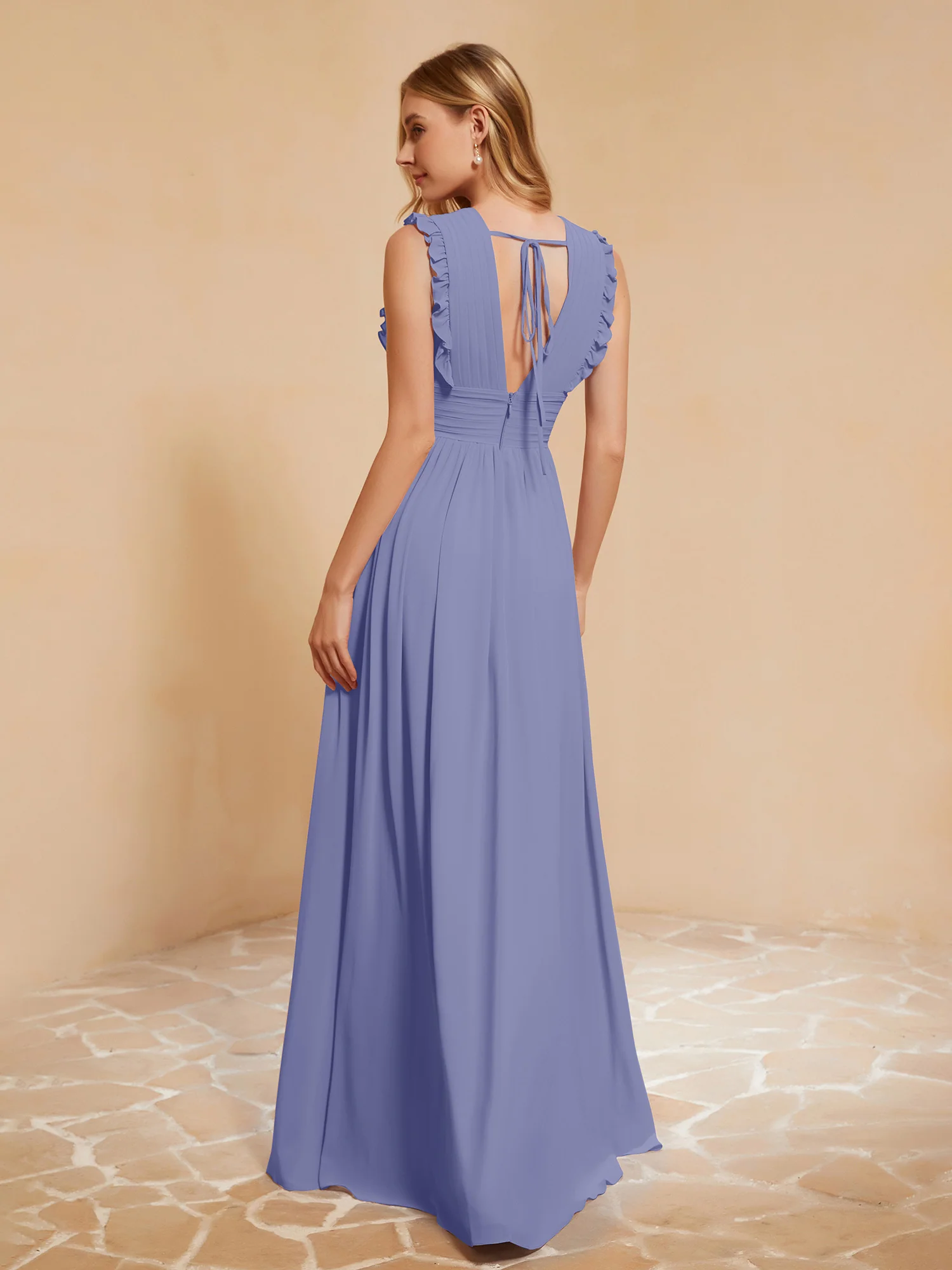 Plunging V-neck Ruffles Pleated Dress With Silt Periwinkle - Image 2
