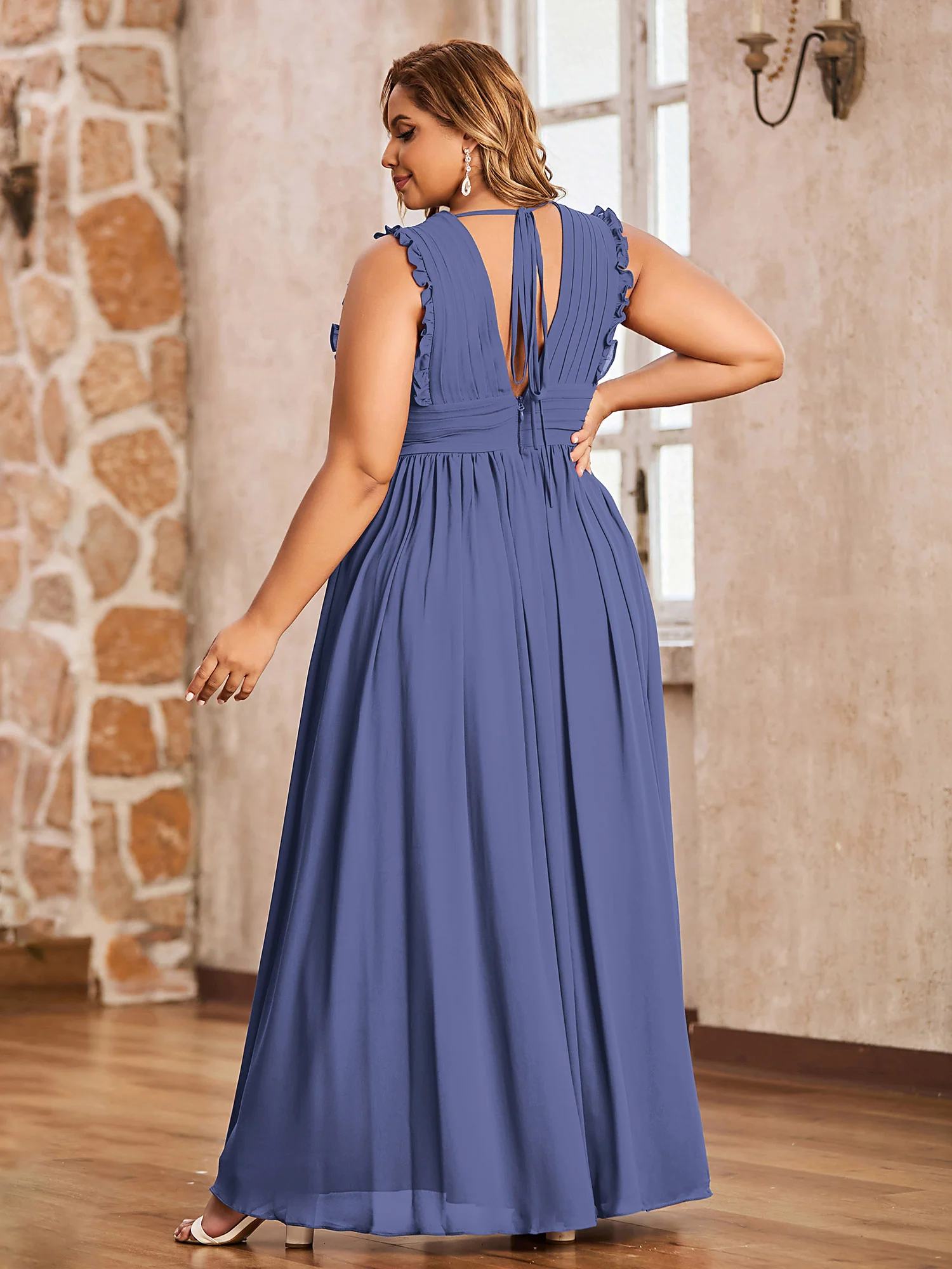 Plunging V-neck Ruffles Pleated Dress With Silt Periwinkle Plus Size - Image 2