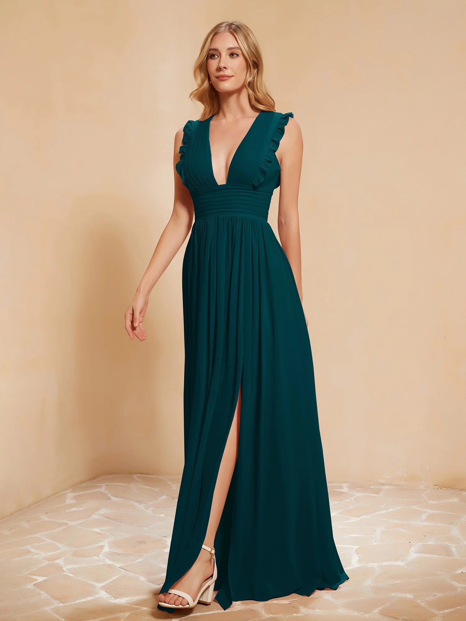 Plunging V-neck Ruffles Pleated Dress With Silt Pine - Image 3