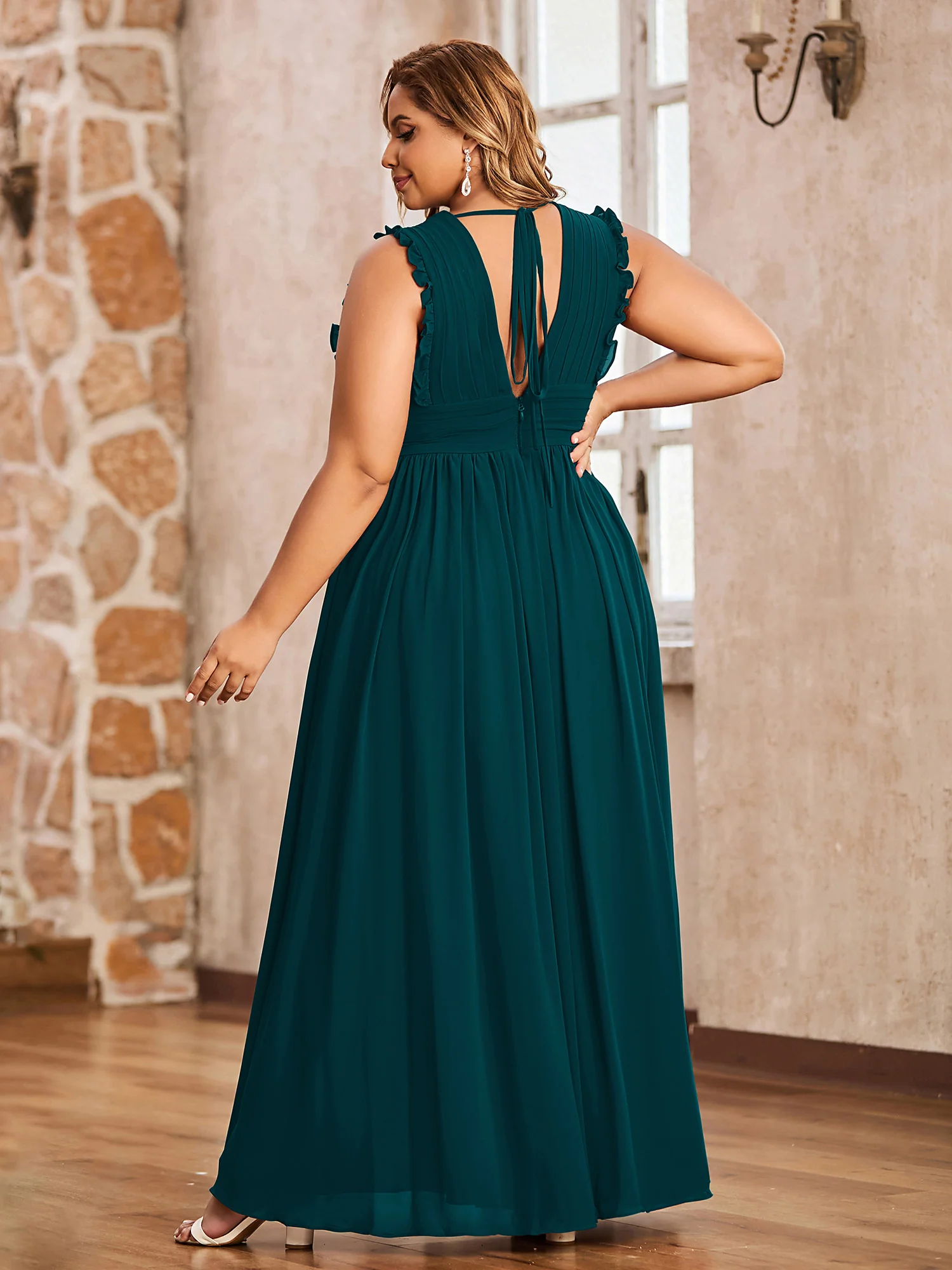 Plunging V-neck Ruffles Pleated Dress With Silt Pine - Image 5