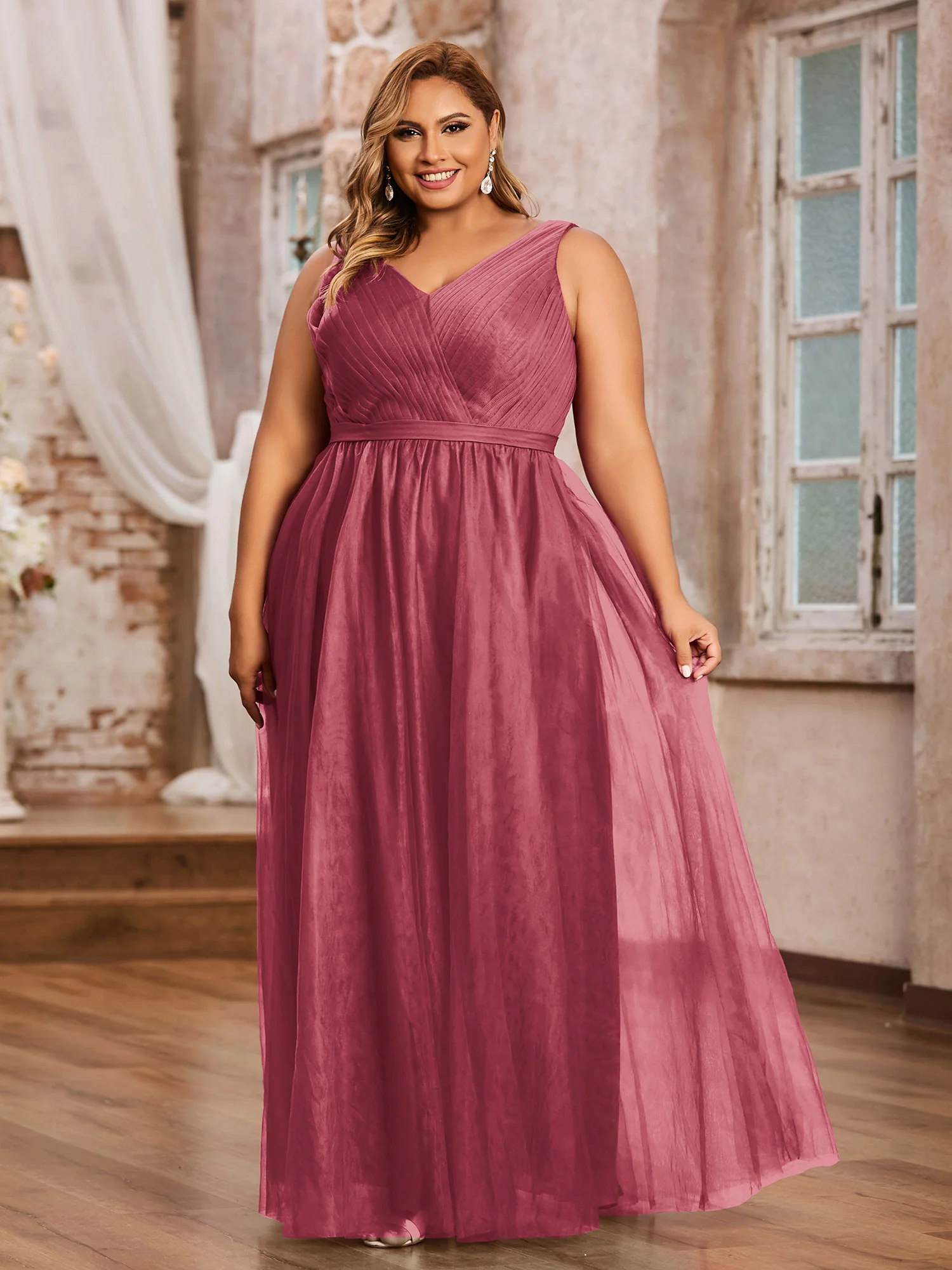 Princess Full Length Tulle Dresses with V-neckline-Cinnamon Rose