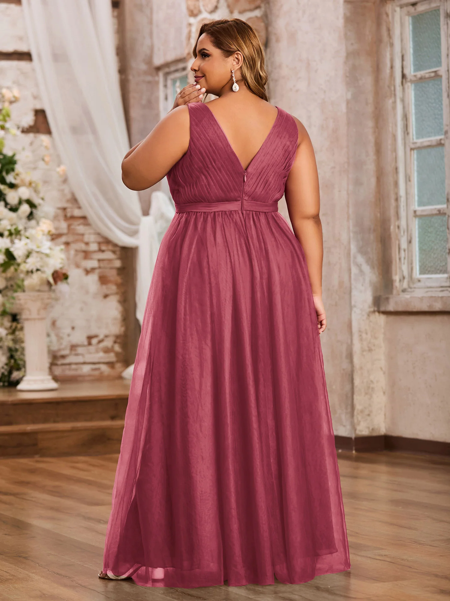Princess Full Length Tulle Dresses with V-neckline-Cinnamon Rose - Image 2