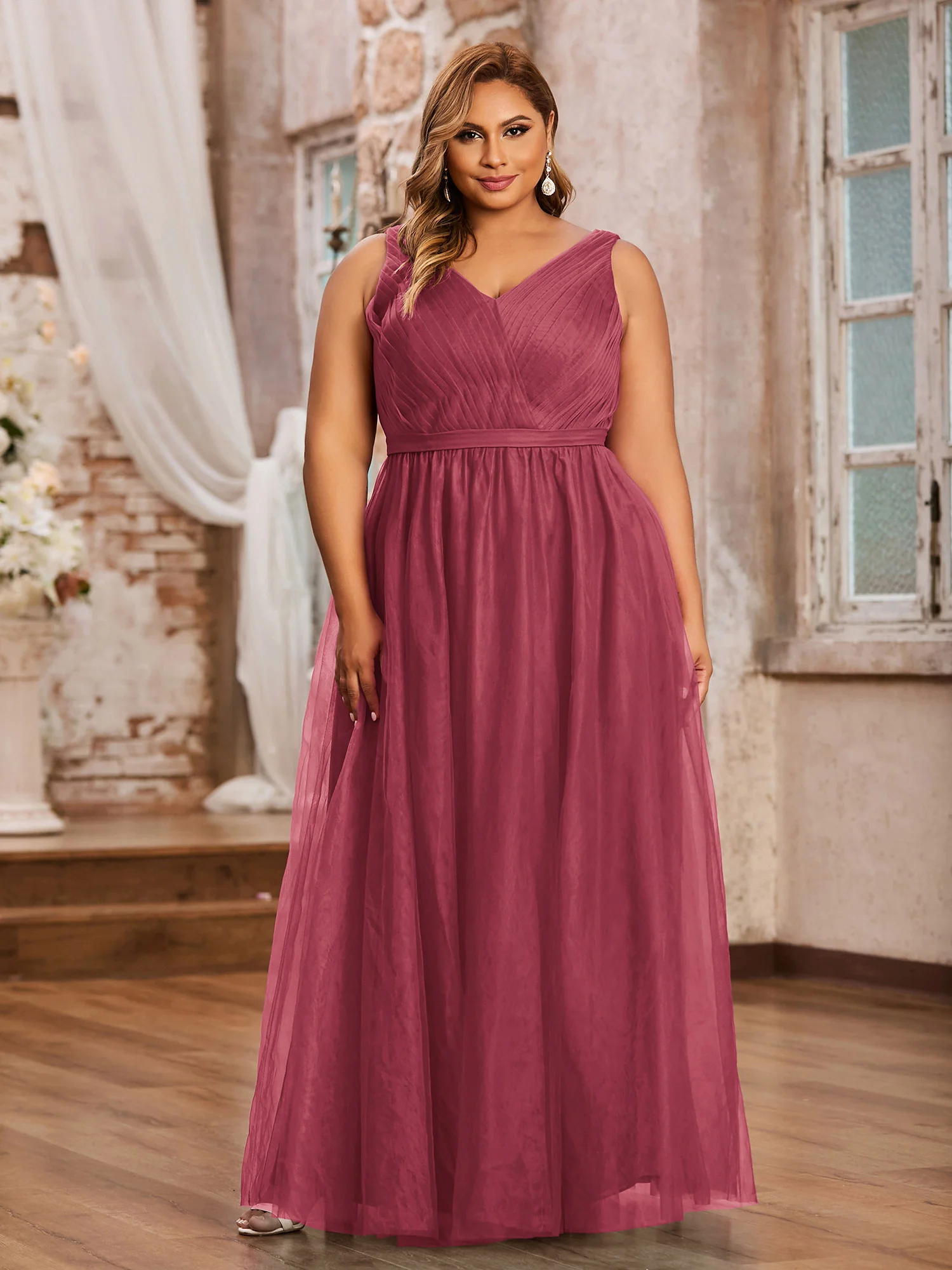 Princess Full Length Tulle Dresses with V-neckline-Cinnamon Rose - Image 3