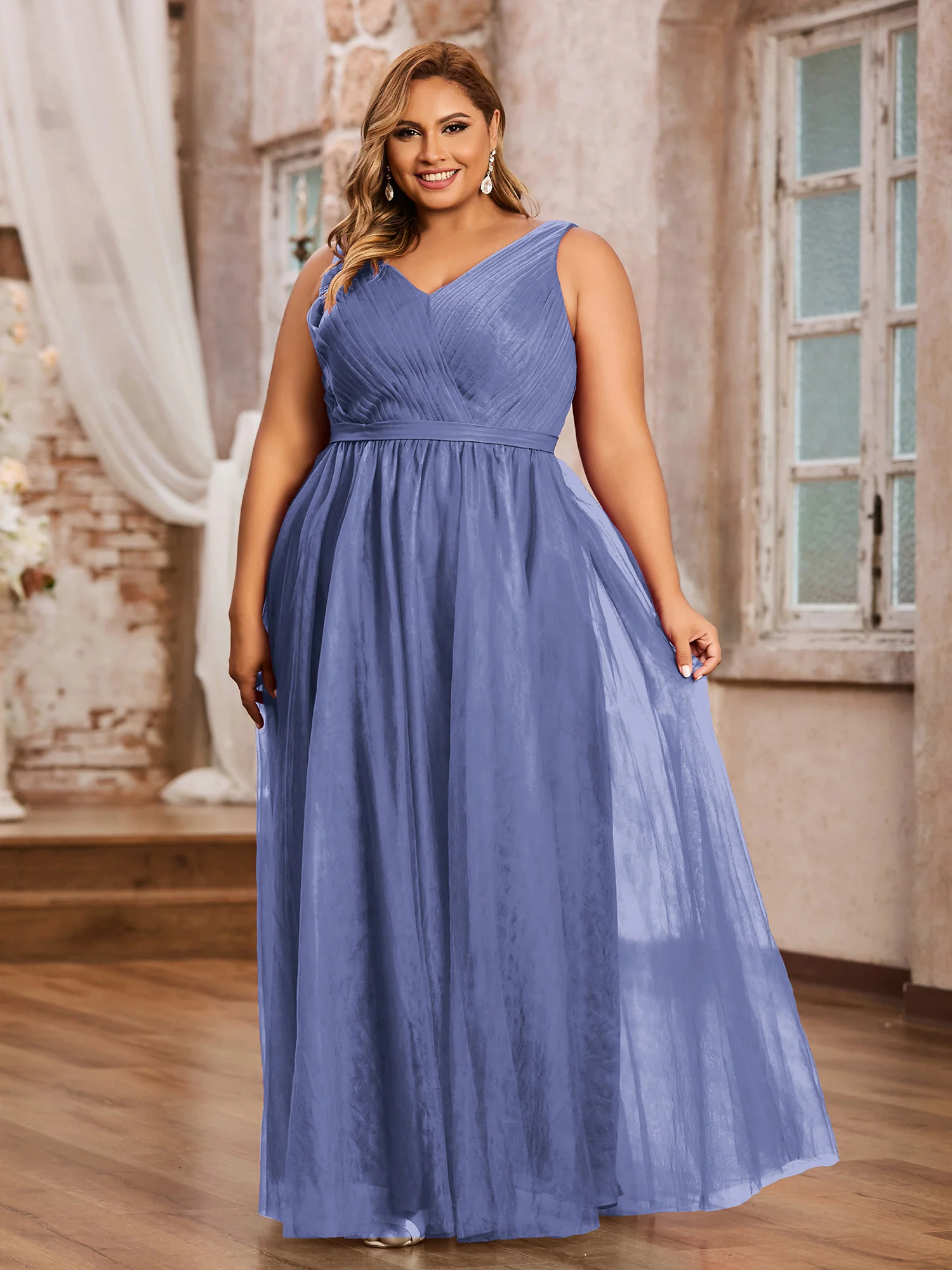 Princess Full Length Tulle Dresses with V-neckline-Periwinkle