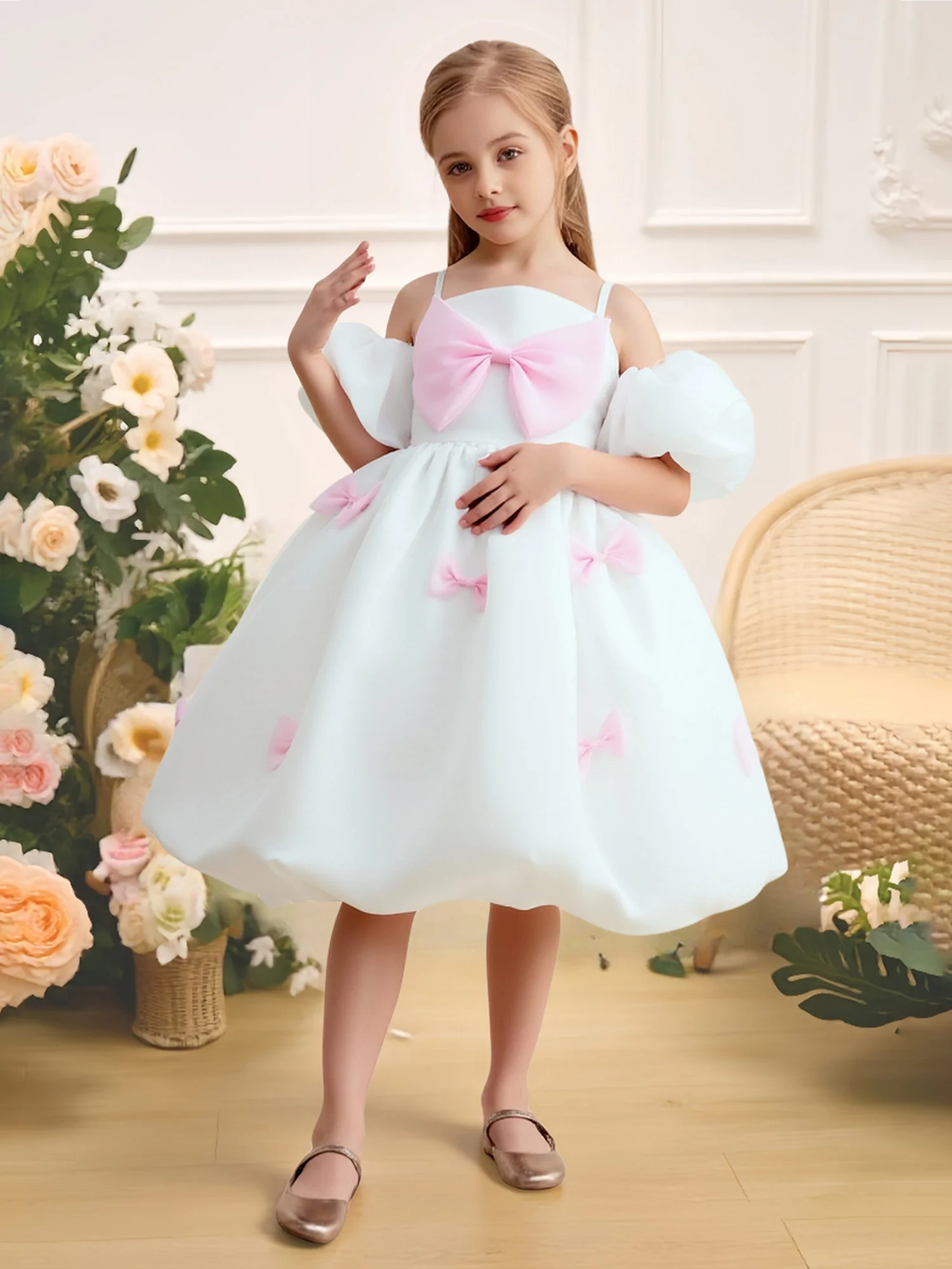 Spaghetti Strap Full Skirt Balloon Hem Flower Girl Dress White