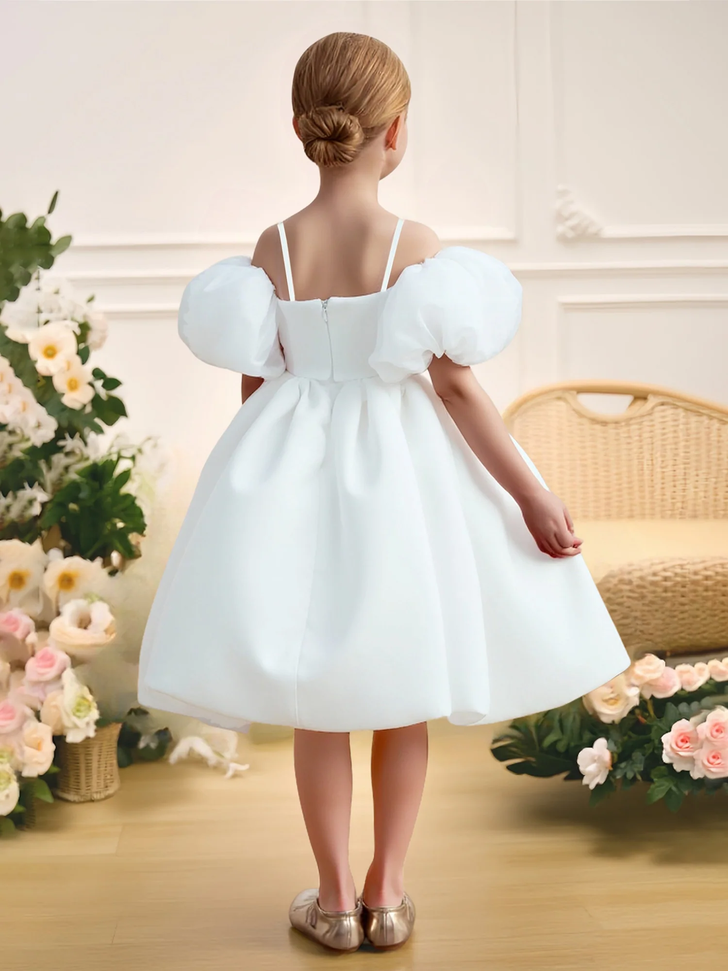 Spaghetti Strap Full Skirt Balloon Hem Flower Girl Dress White - Image 2