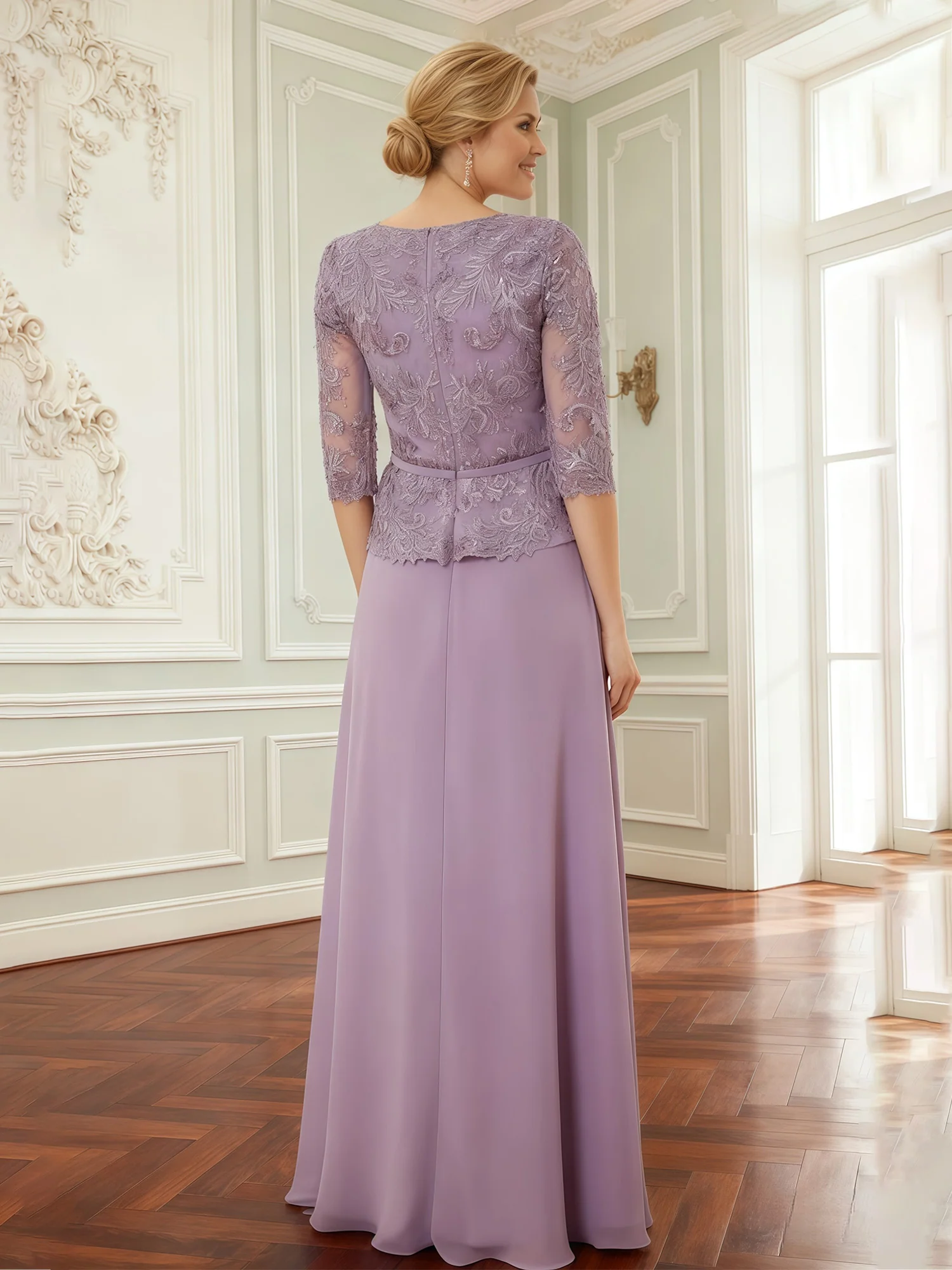 Lace Peplum Bodice Gown with Drape Overlay Skirt Wisteria - Image 2